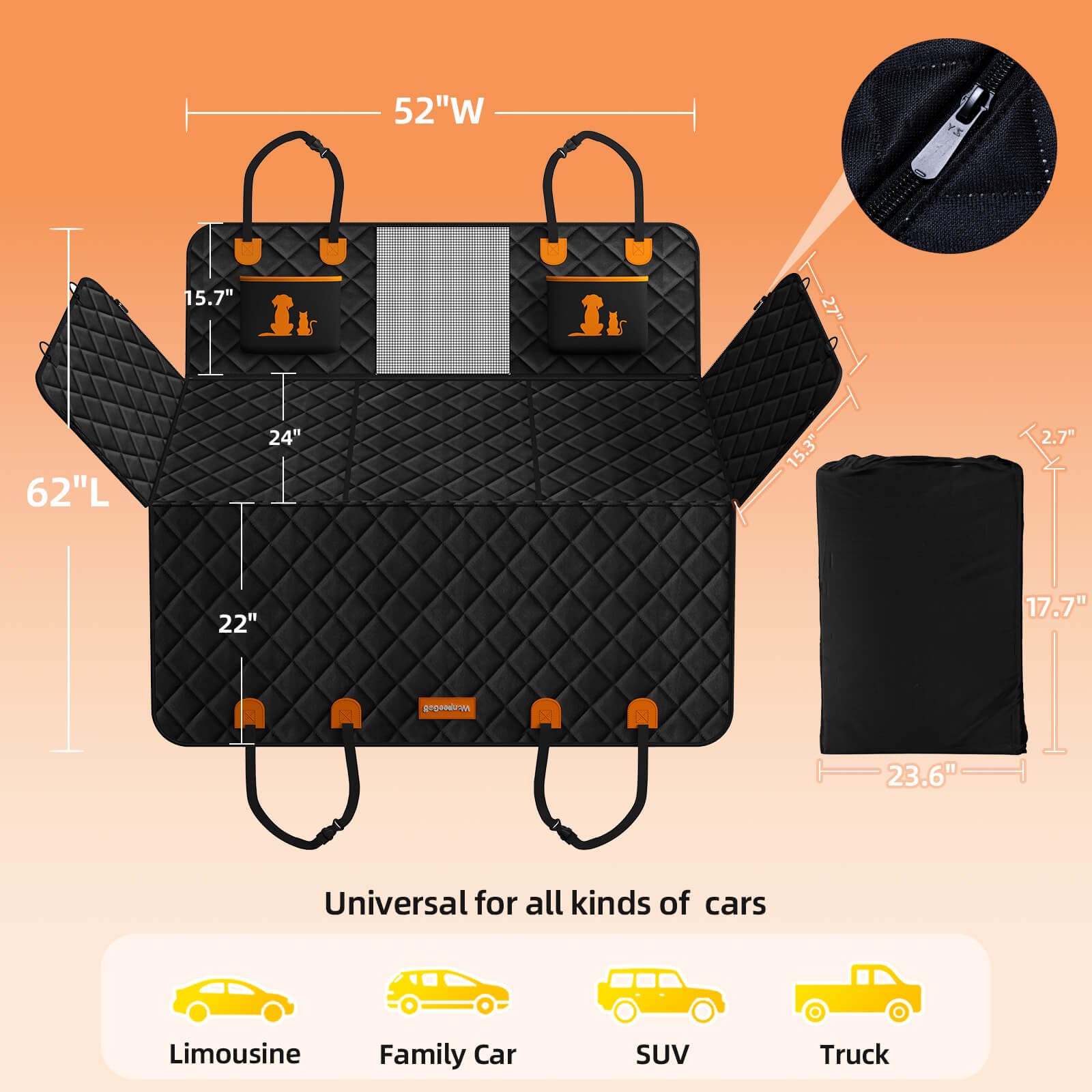 WanpeeGoo Estensore universale per sedile auto, per cani, arancione, per auto, camion, SUV, finestra in rete, tasche portaoggetti, impermeabile, antiscivolo