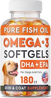 Omega 3 Fish Oil Pills for Dogs - No Fishy Smell Softgels - EPA + DHA Fatty Acids Reduce Shedding & Itching - Supports Joints, Brain, Heart and Overall Health - EPA & DHA Fatty Acids - USA - 180 Ct