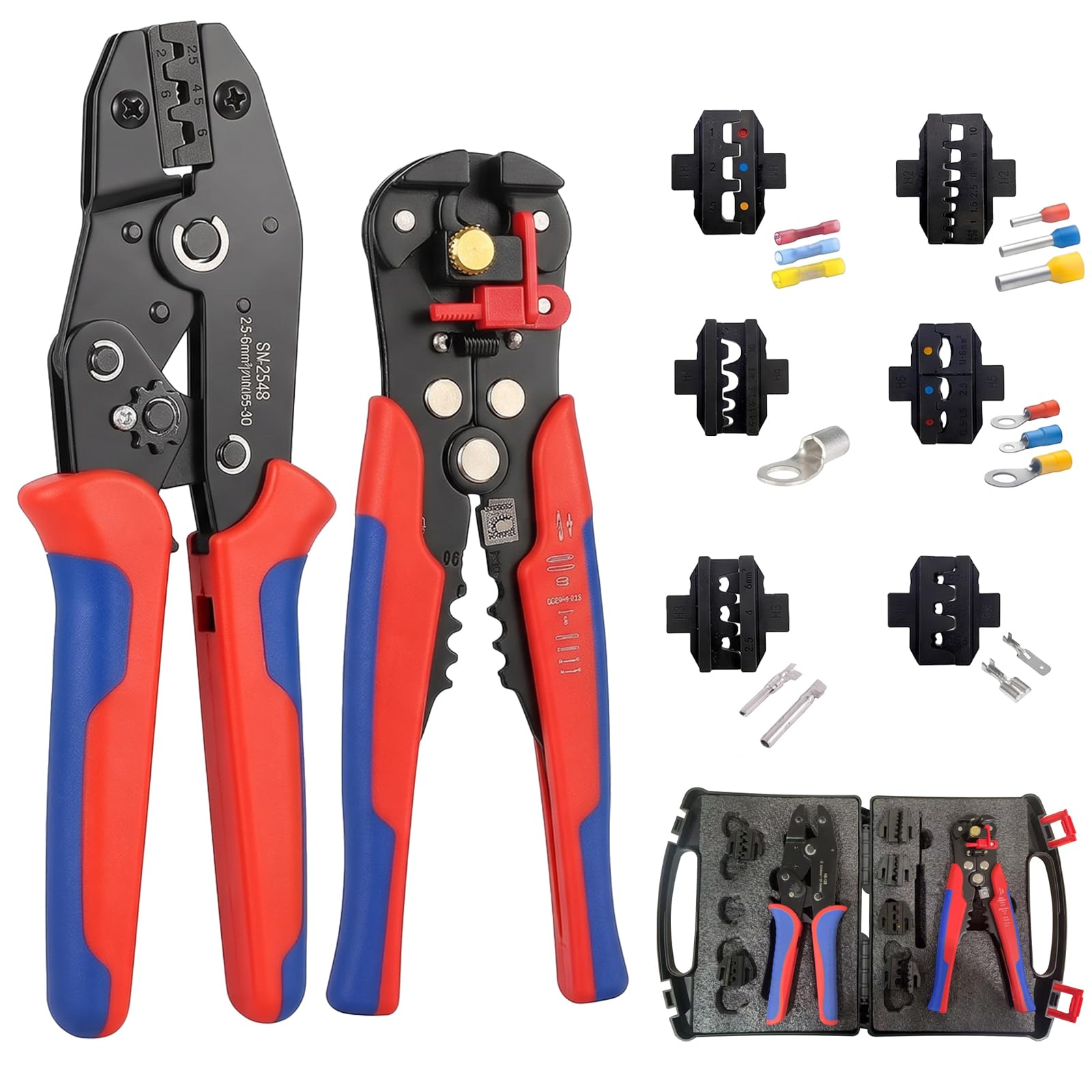 Pinza crimpatrice con ganasce intercambiabili con 6 testine, pinza crimpatrice elettrica per capicorda | Per terminali, connettori piatti e spine solari, pinza ergonomica per auto e installazione elettrica