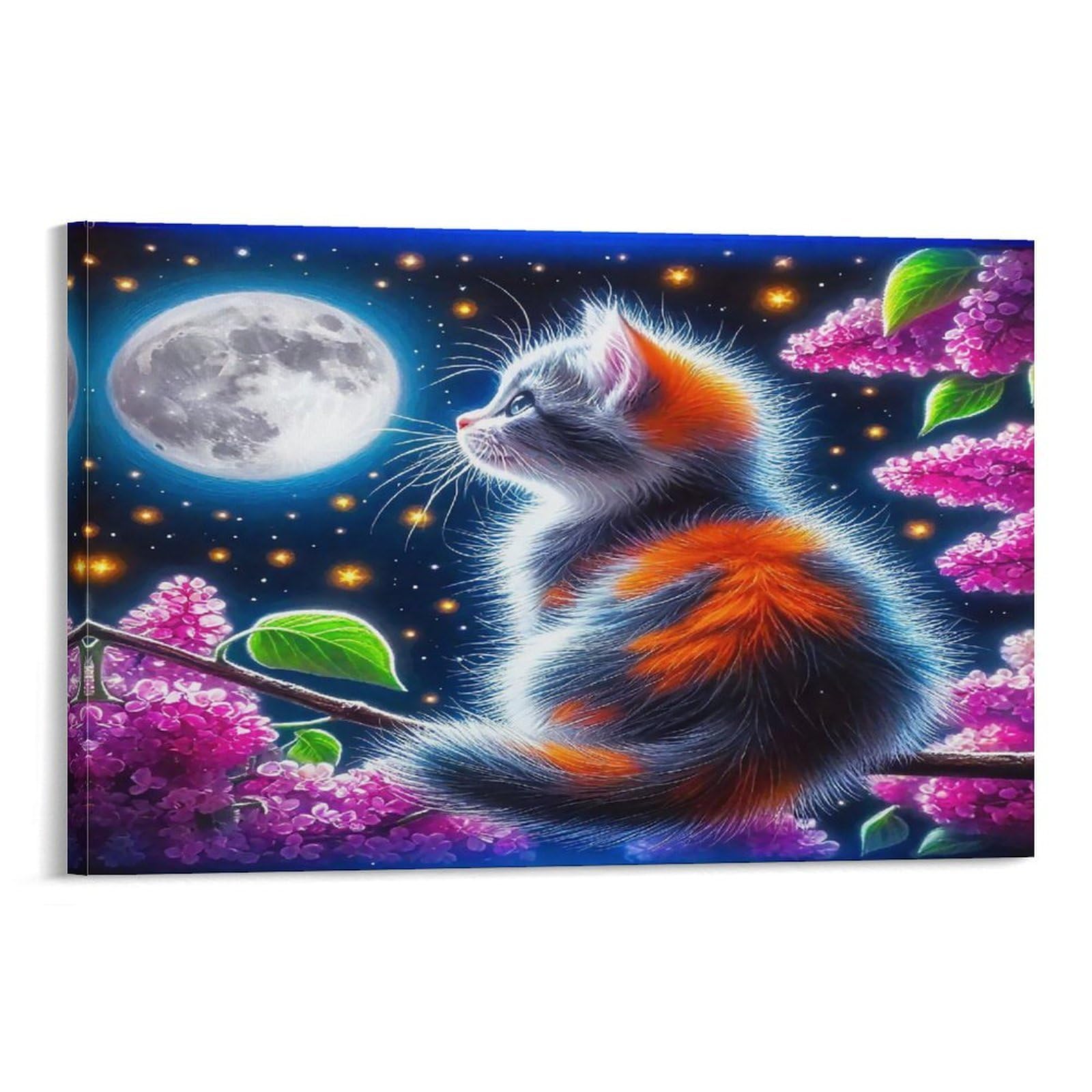 CPLVKWRQJ Siamese Cat Under Cherry Blossoms 1 Piece Calico Cat Gazing Full Moon on Blossom Branch Wall Art Pieces - Nursery Canvas Wall Hanging Space Saving Ready to Hang Decor 20x30inch(50x75cm)