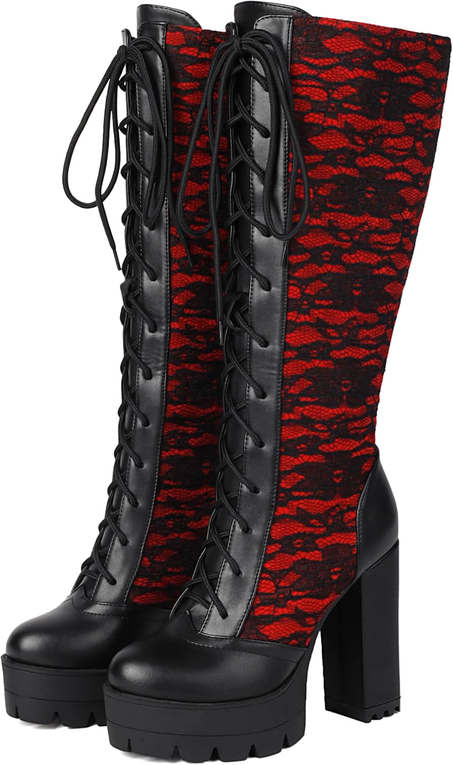 BEAUPAS Women's Lace Knee High Platform Boots Chunky Block Heel Gothic Lace-Up Combat Boots - Image 4