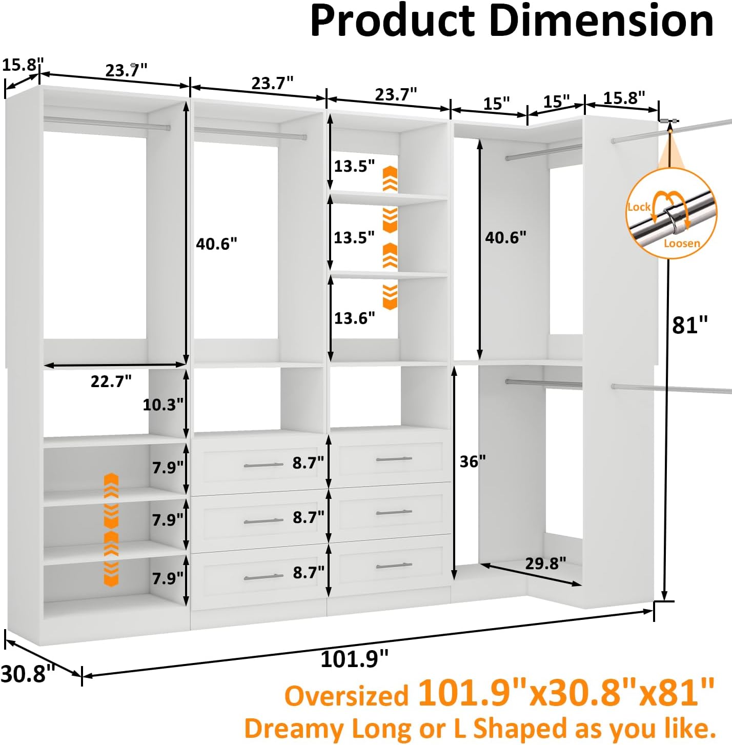 Closet System with 4 sets, 101.9" Closet Organizer Systems with 6 Drawers & 8 Hanging Rods & Adjustable Shelves, Walk in Closet Standing Closet System, Corner Closet System Set, White