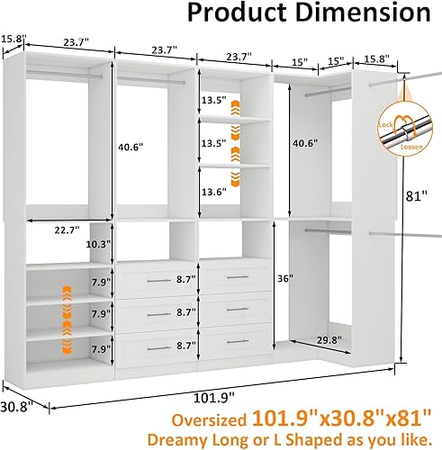 Miniatura 3 de Sistema de armario con 4 juegos, sistemas organizadores de armario de 101.9 pulgadas con 6 cajones y 8 varillas para colgar y estantes ajustables,