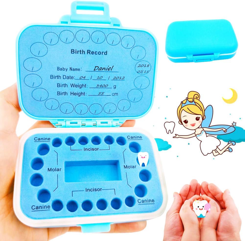 Baby Teeth Keepsake Box, pp Children Kids Tooth Storage Holder Organizer Printed in English to Keep The Child-Wood Memory (Blue)