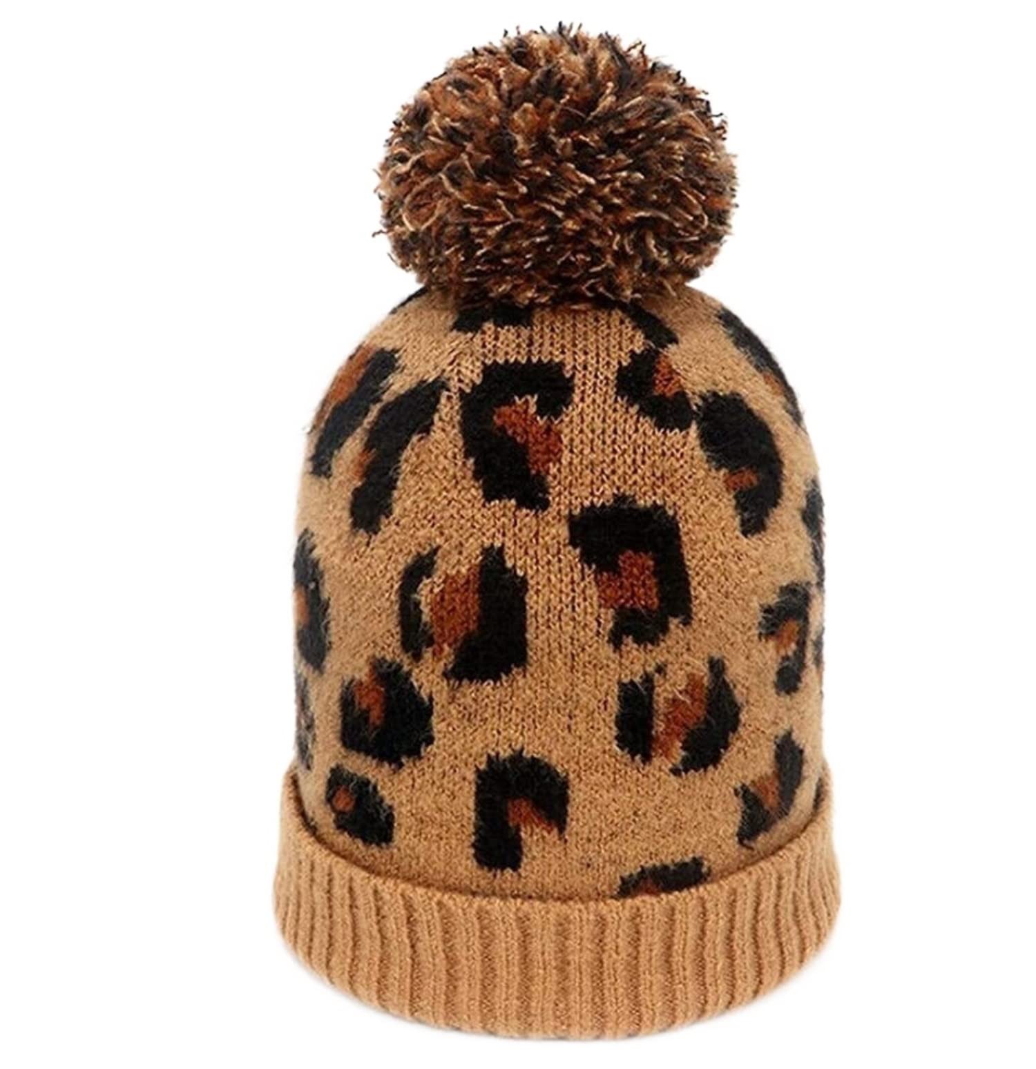 Gorro de Lana de Invierno para Mujer, Tejido con Estampado de Leopardo, cálido y Suave, con pompón (Talla única)