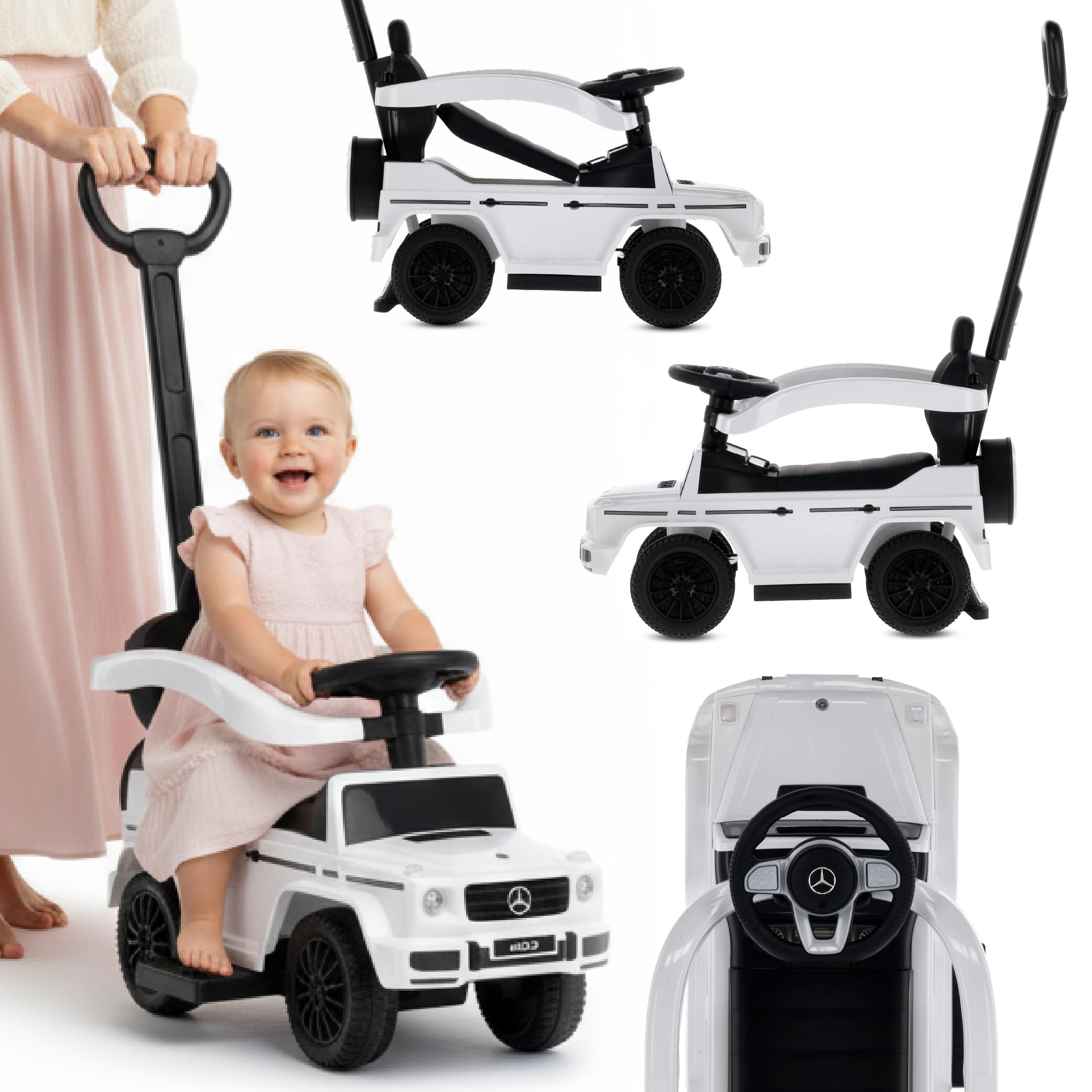 sun baby Macchinina Cavalcabile per Bambini licenza Mercedes Benz G, Macchina a spinta da 12 mesi, licenza, volante sonoro, sedile e ruote in plastica, maniglione di spinta (Bianco)