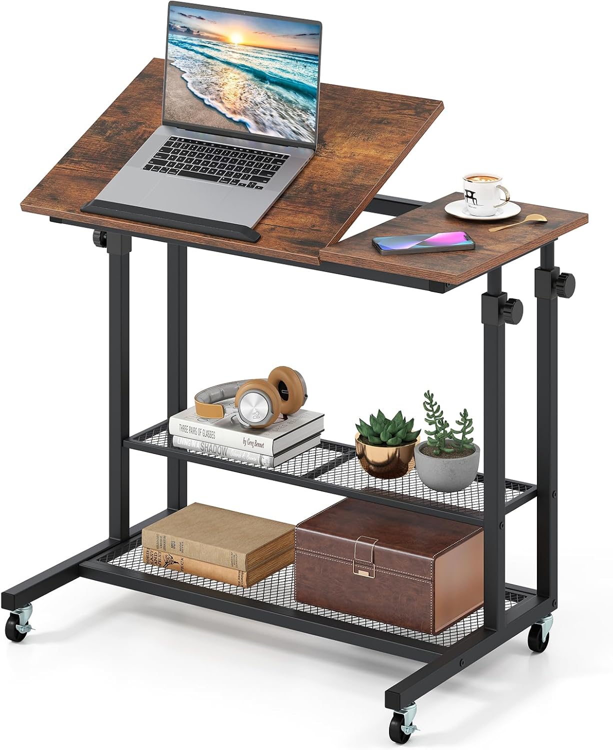 Giantex Mobile Standing Desk, Adjustable Rolling Computer Desk w/Tilting Desktop & Storage Shelves, PC Laptop Table, Small Compact Desk on Wheels for Small Space, Living Room & Bedroom (Rustic Brown)
