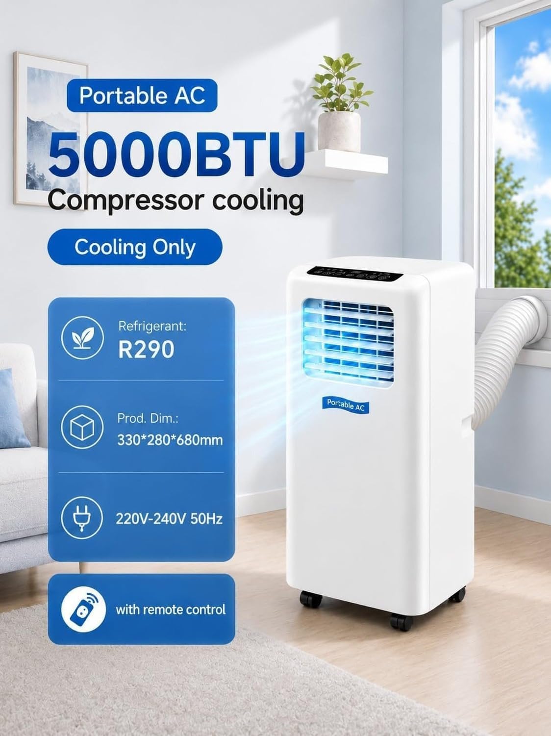 Aire Acondicionado Portátil 5000/7000/9000 BTU, Enfría hasta 20 M² Unidad AC Inteligente con Modos Frío, Deshumidificador, Ventilador, Mando a Distancia, Tempor, (5000BTU), (5000BTU)