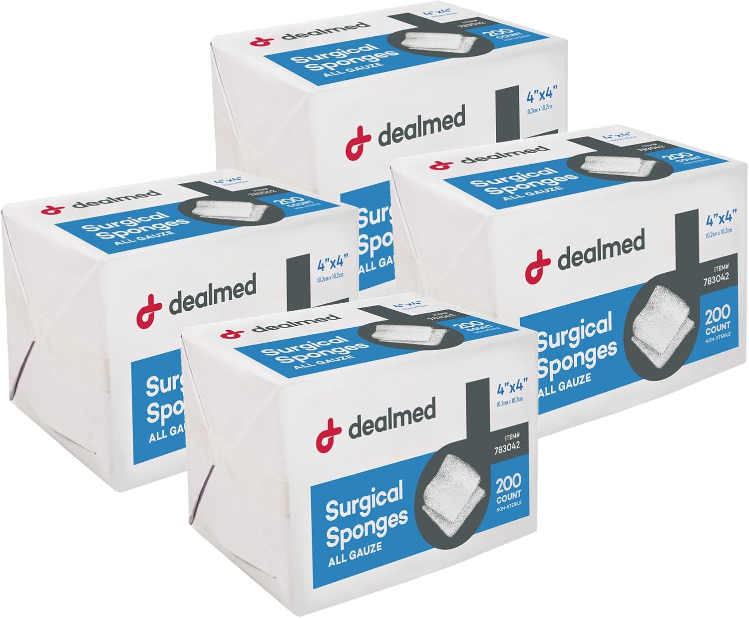 Dealmed 4" x 4" Surgical Sponges, 8-Ply, Non-Woven Absorbent Gauze Sponges for Wound Care, First Aid Kits and Medical Facilities, 200 Count (Pack of 4)