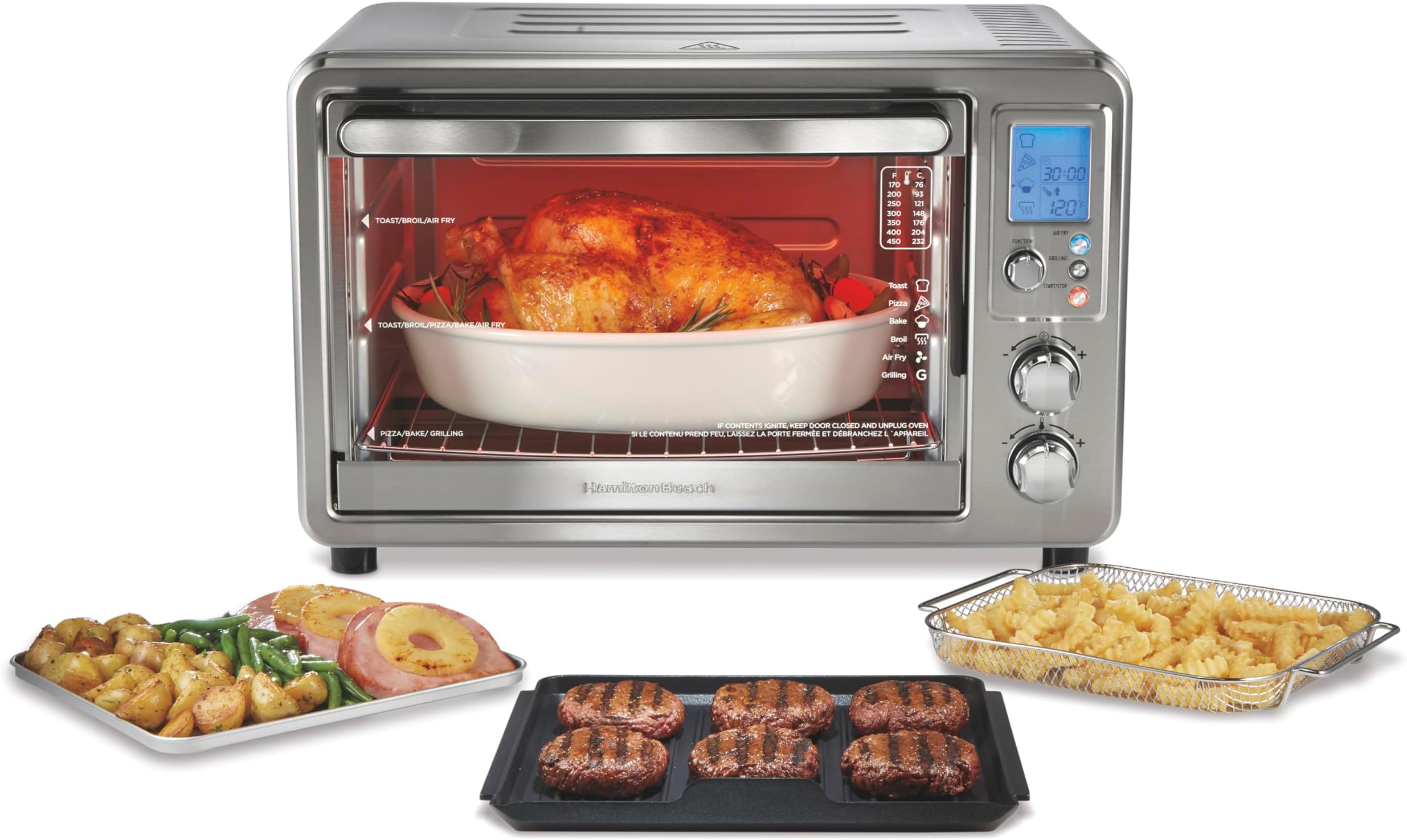 6-in-1 Sure Crisp Air Fryer Toaster Oven Combo & Electric Indoor Grill, 450 F Searing Temp, Bake, Broil, Toast and Pizza Function, .88 cu. ft., 6 Slice Capacity, Stainless Steel (31395)