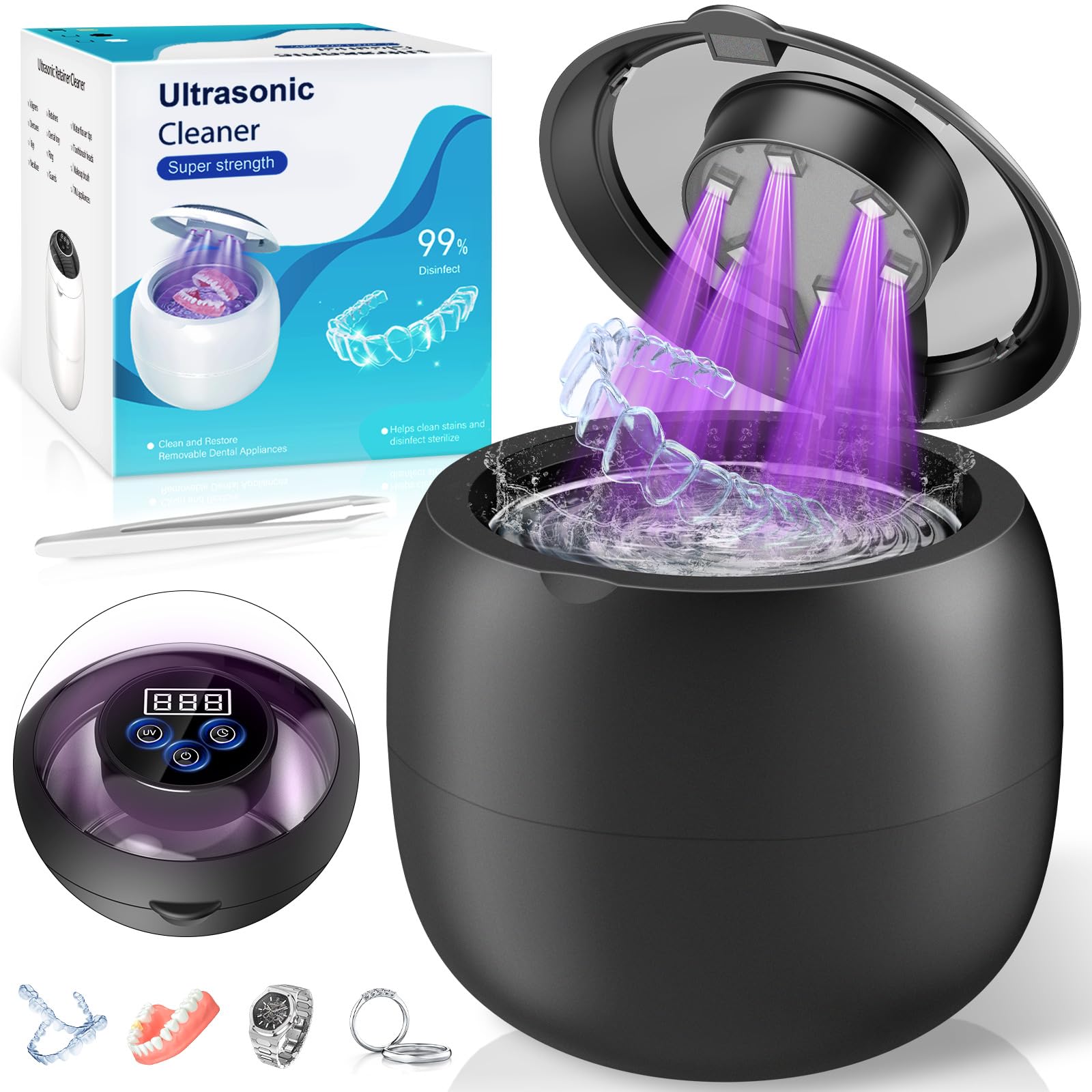 Nettoyeur Ultrasons sans Fil 48000Hz 210ML Bac Ultrasons Rechargeable Dental Pod 6 UV Lampe 4 Modes pour Prothèses Dentaires Gouttière Retainer Bijoux