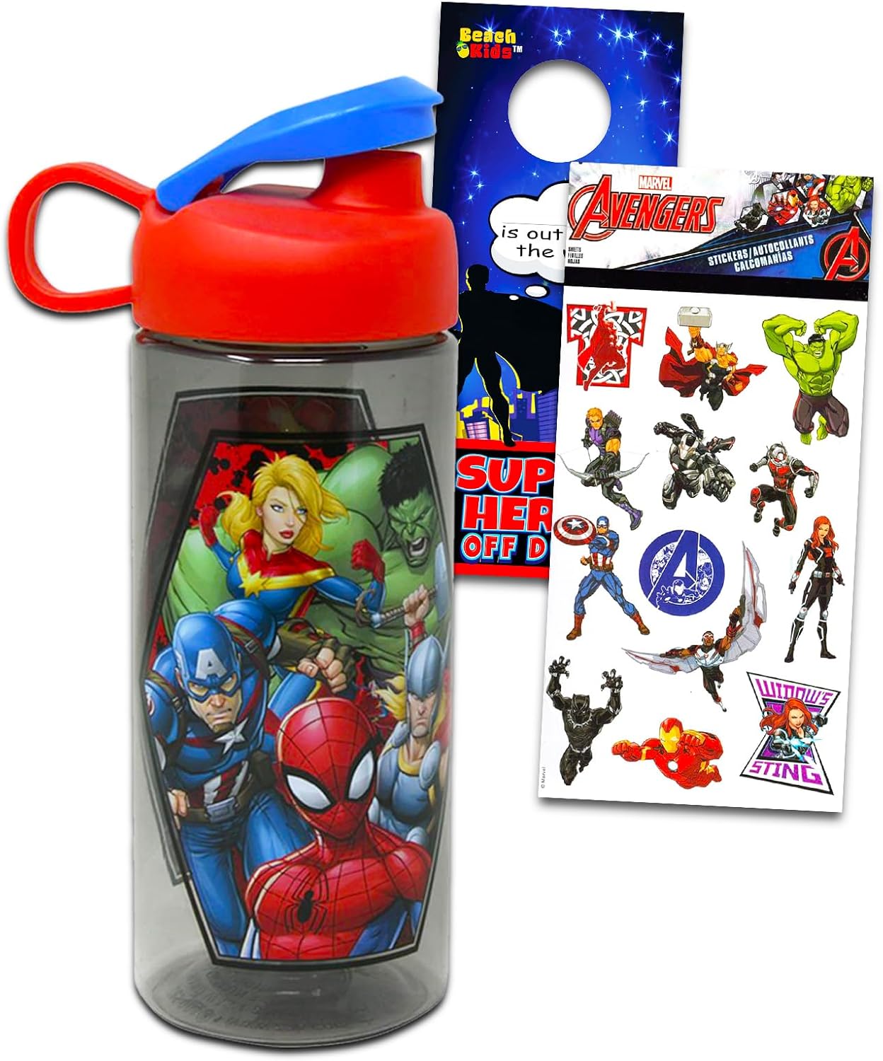 Marvel Avengers Plastic Water Bottle for Boys and Girls ~ 3pc Bundle with MCU Superheroes Reusable Water Bottle For Home, School, and Sports, Avengers Stickers, and Door Hanger