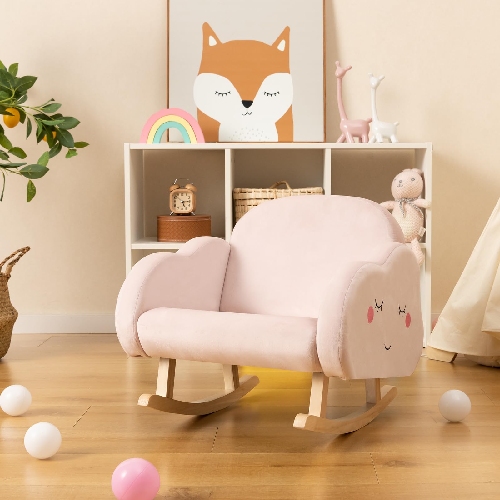 LIFEZEAL Sedia, Poltrona a Dondolo per Bambini 3-5 Anni, con Branccioli, Schienale Ergonomico, Piedini in Legno Massello, Imbottito con Spugna, Anticollisione, Cameretta, Max 50kg (rosa in velluto)