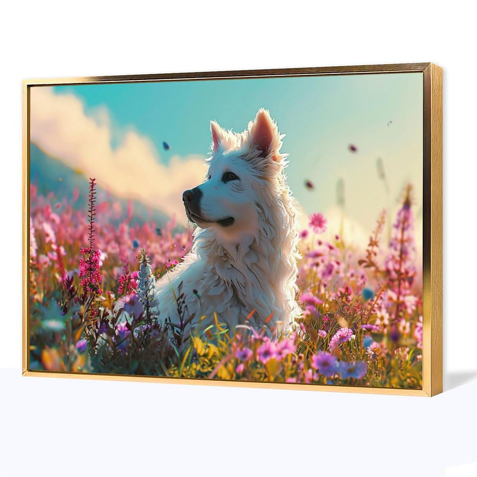 Amazon.co.jp: 絵画 花畑の犬インテリア 絵画 動物イラストアート
