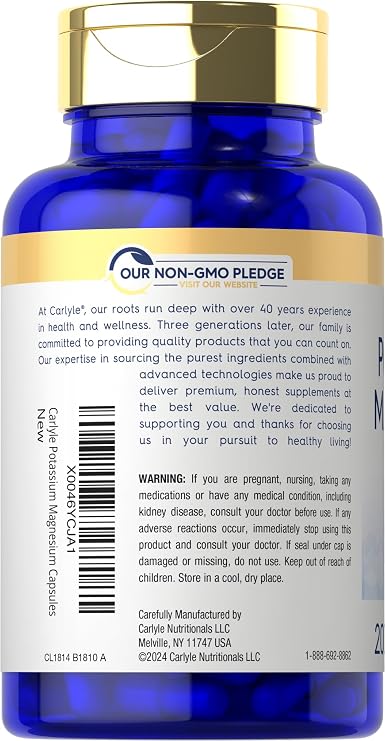 Carlyle Potassium Magnesium Supplement | 200 Capsules | Non-GMO & Gluten Free Complex
