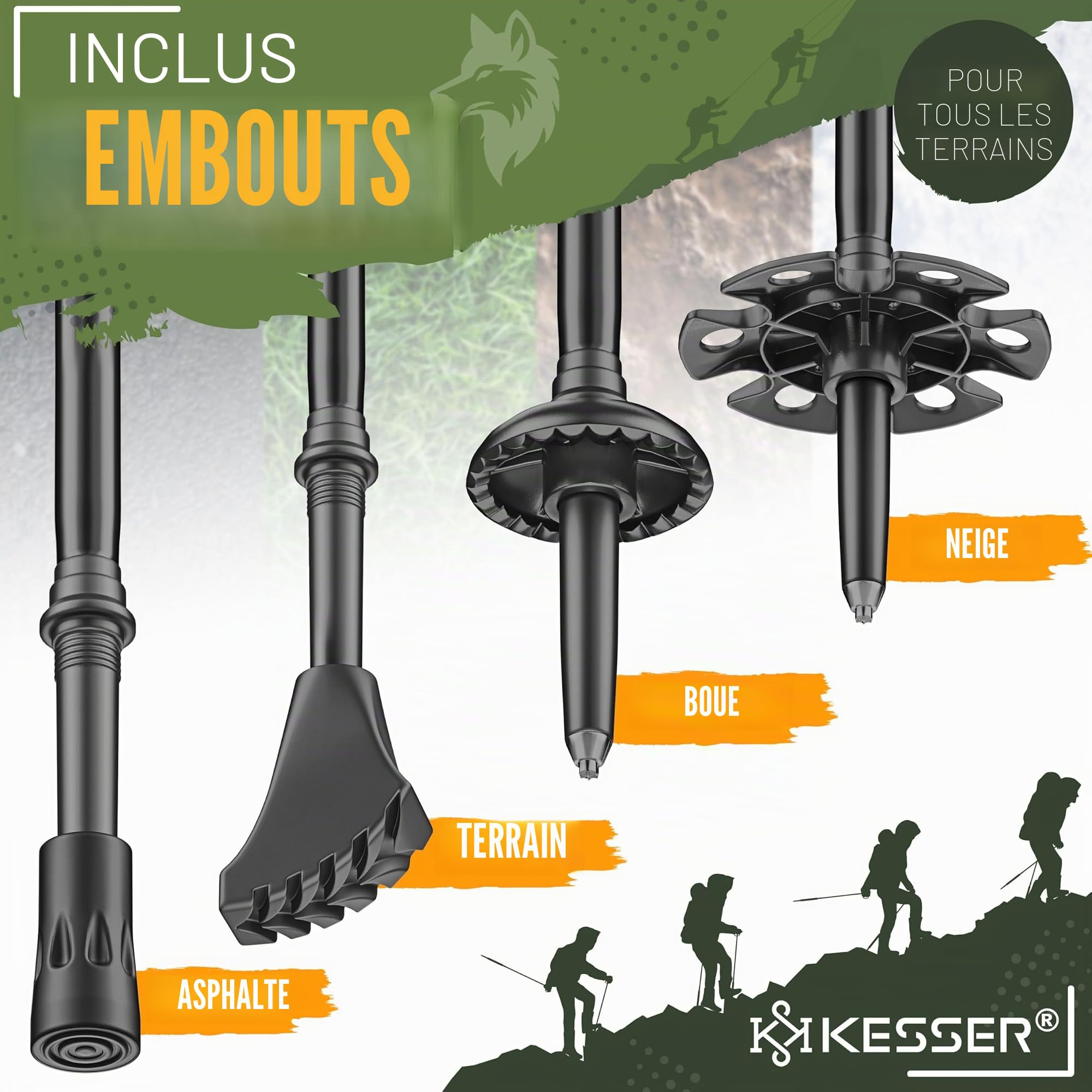 KESSER® Bâtons de randonnée pliables/télescopiques | Bâtons de marche nordique pour homme et femme | Bâtons de randonnée en aluminium/carbone avec poignée en liège 105-120 cm | Bâtons de trekking pour