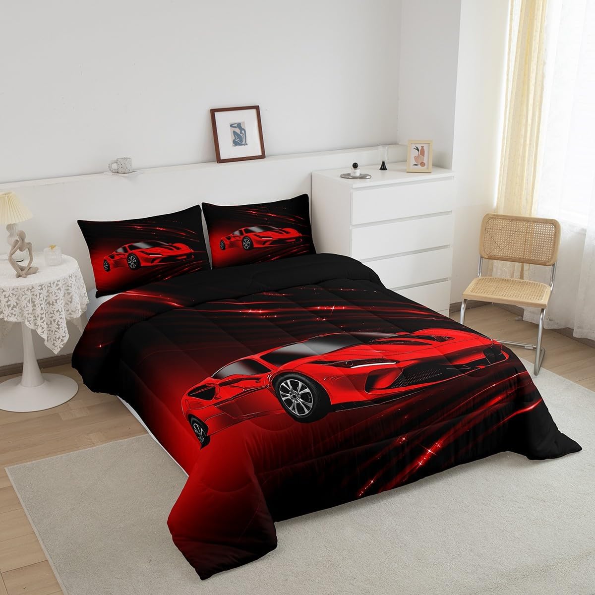 Feelyou Boys Red Race Car Bedding Set Twin Size Speed Sports Car Comforter Set for Kids Teens Adult Fast and Furious Duvet Set Red Ombre Quilt Set 2Pcs