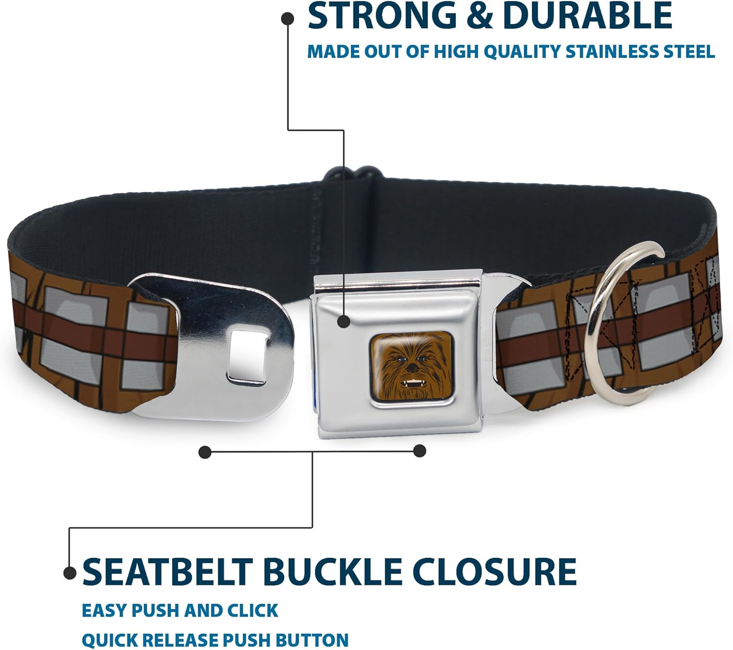 Dog Collar Seatbelt Buckle Star Wars Chewbacca Bandolier Bounding Browns Gray 11 to 17 Inches 1.0 Inch Wide