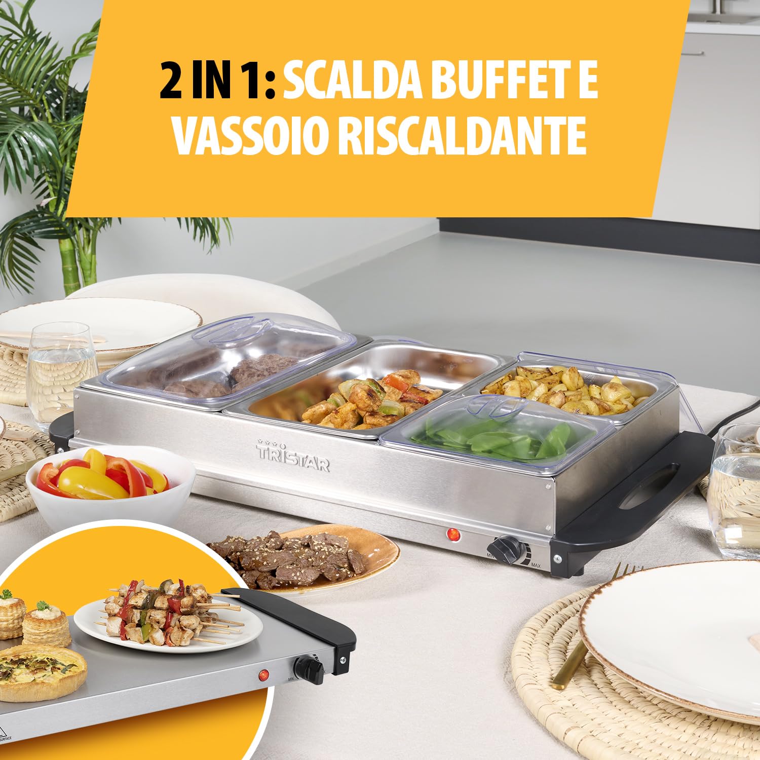 Tristar Scaldavivande Buffet in Acciaio Inox, 300 W, Termostato Regolabile, 4 Contenitori con Coperchio, Funzione Piastra Riscaldante e Mantieni Caldo, Argento, BP-6285