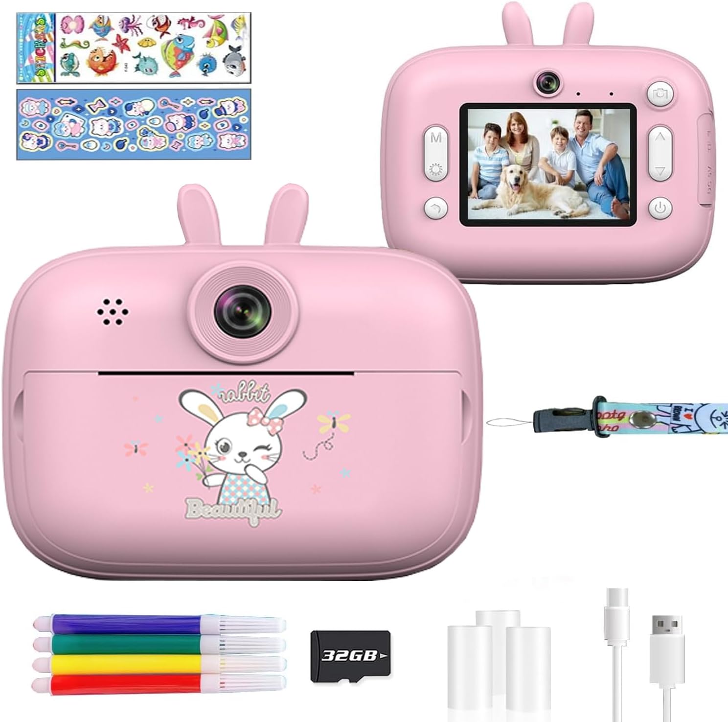 キッズカメラ インスタントプリント 1080P ビデオカメラおもちゃ プリント用紙&32G TFカード付き デジタル幼児用カメラ 3~12歳 子供 女の子 男の子 クリスマス 誕生日 子供へのギフト(ピンクカメラ)