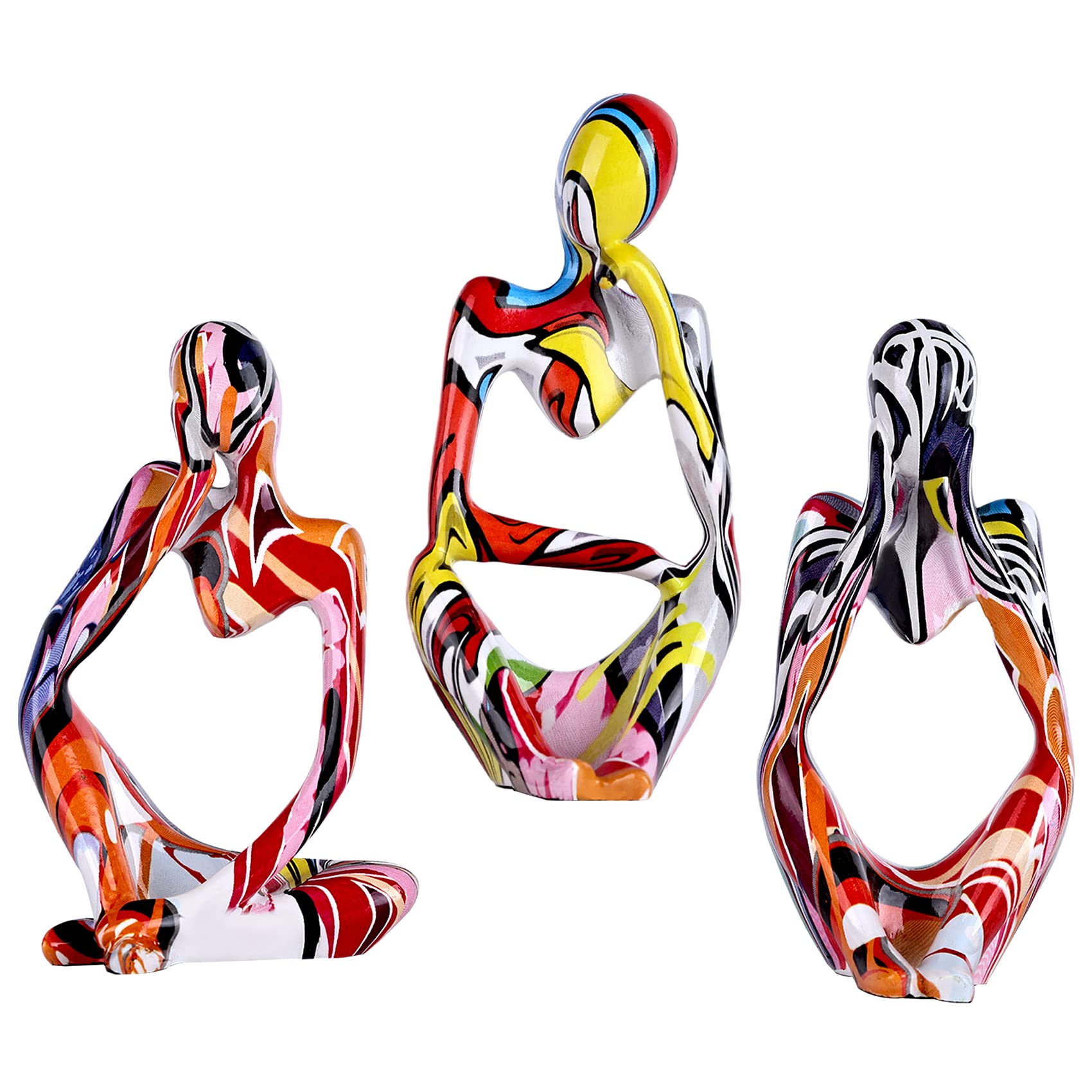 QIANLING Statue de penseur graffiti décor pour meuble TV, étagère, bureau ou table basse – Lot de 3 figurines en résine pour objets décoratifs de salon, sculpture moderne, bibliothèque minimaliste