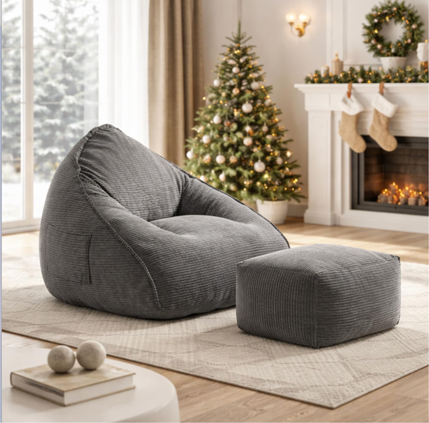 AIMSTYTO Cloud Large Bean Bag Chair with Ottoman, Corduroy Lounge Chair with 35D High-Density Foam, Beanbag Chair for Adults Boneless Floor Chair for Living Room, Bedroom & Apartment (Grey)