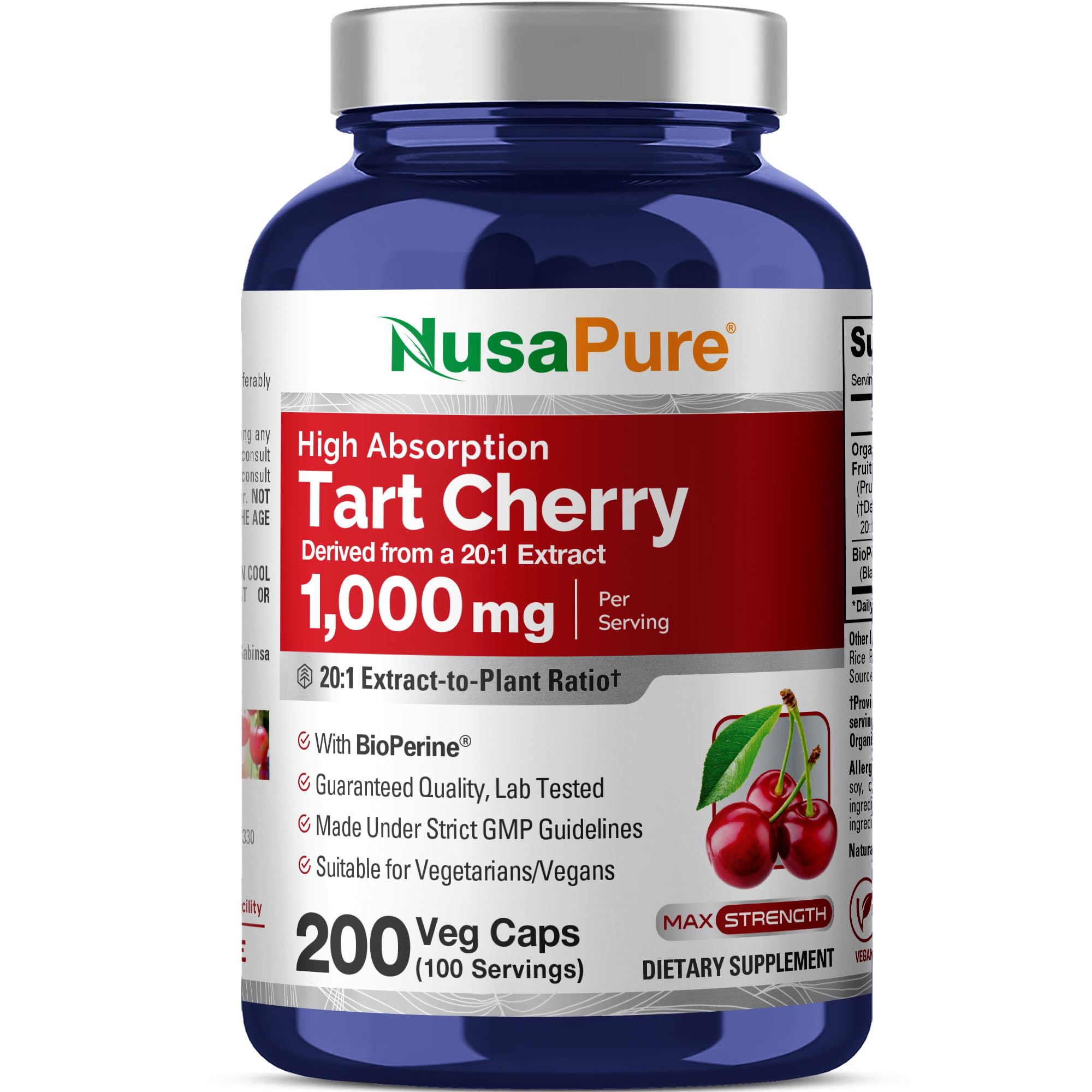 Tart Cherry, Non-GMO, Vegan, 1000mg, 200 Veggie Capsules - 100 Servings