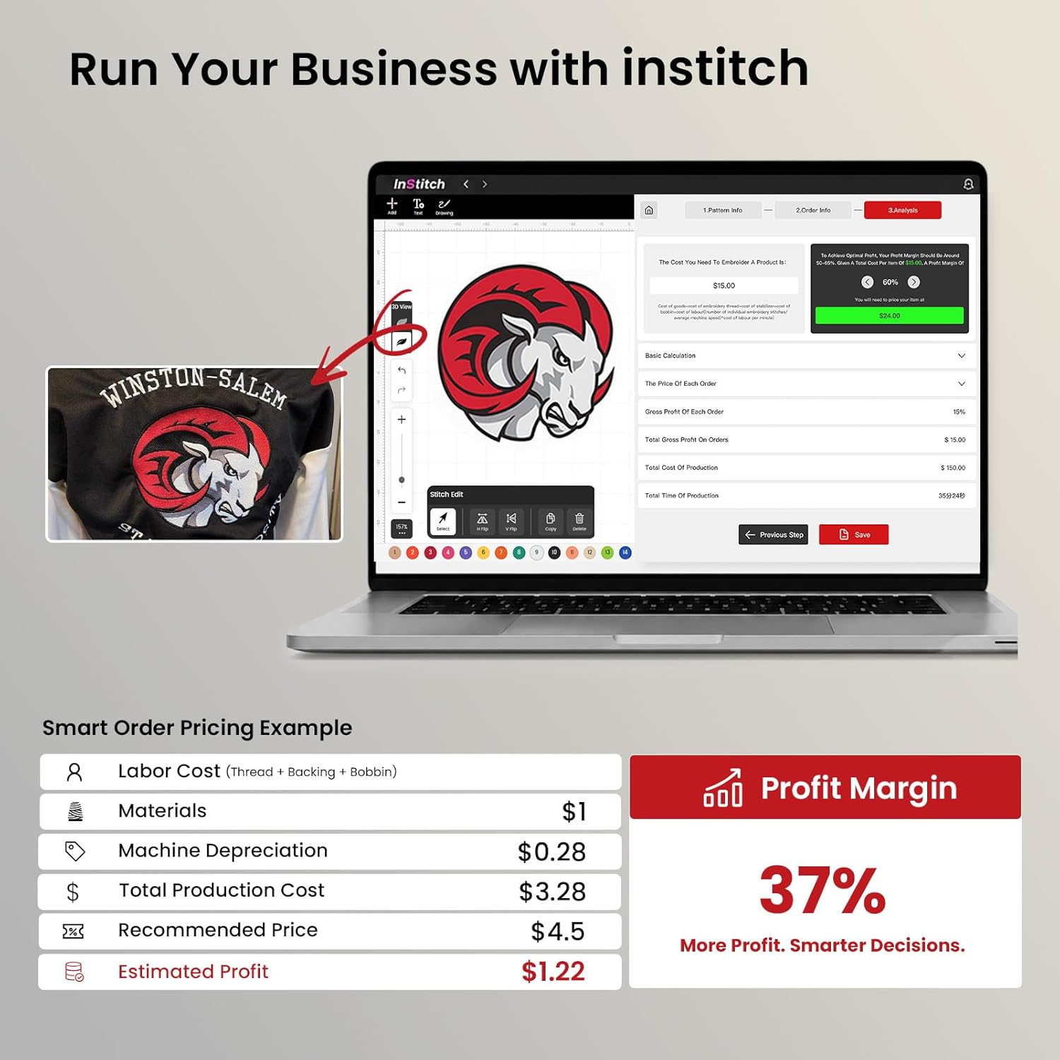 BAi The Vision 15-Needle Commercial Embroidery Machine, 20x16inch Areas, True 1200SPM Stable Production via Institch to Wi-Fi, Calculating Costs and Design Software High-Precision for Business