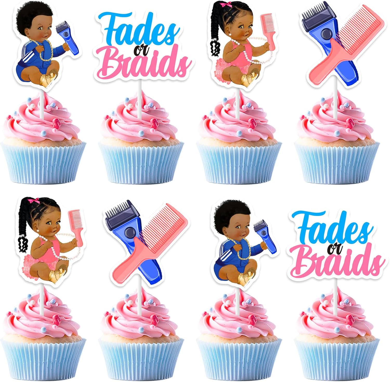 Funmemoir Decoraciones de revelación de género de desvanecidos o trenzas, 36 adornos para cupcakes, decoraciones de pasteles de revelación de género