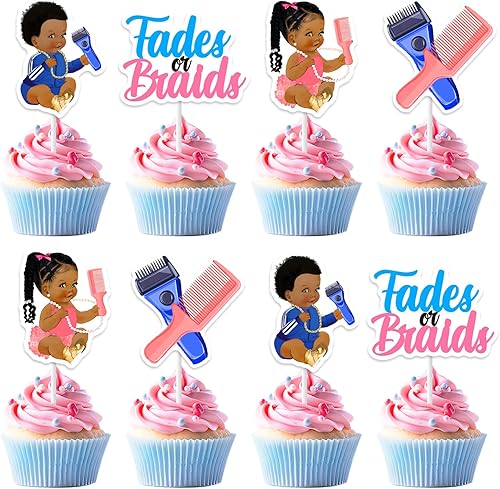 Funmemoir Decoraciones de revelación de género de desvanecidos o trenzas, 36 adornos para cupcakes, decoraciones de pasteles de revelación de género