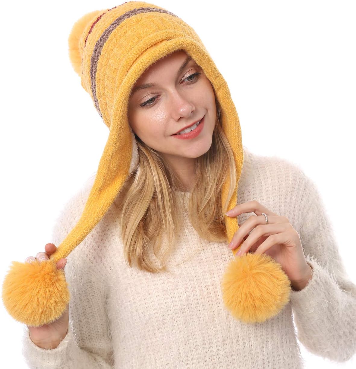 Women Winter Peruvian Cover Ears Beanie Hat Ear Flaps Sherpa Ski Snow Hats Knit Fleece Lined 3 Pom Pom - Image 2