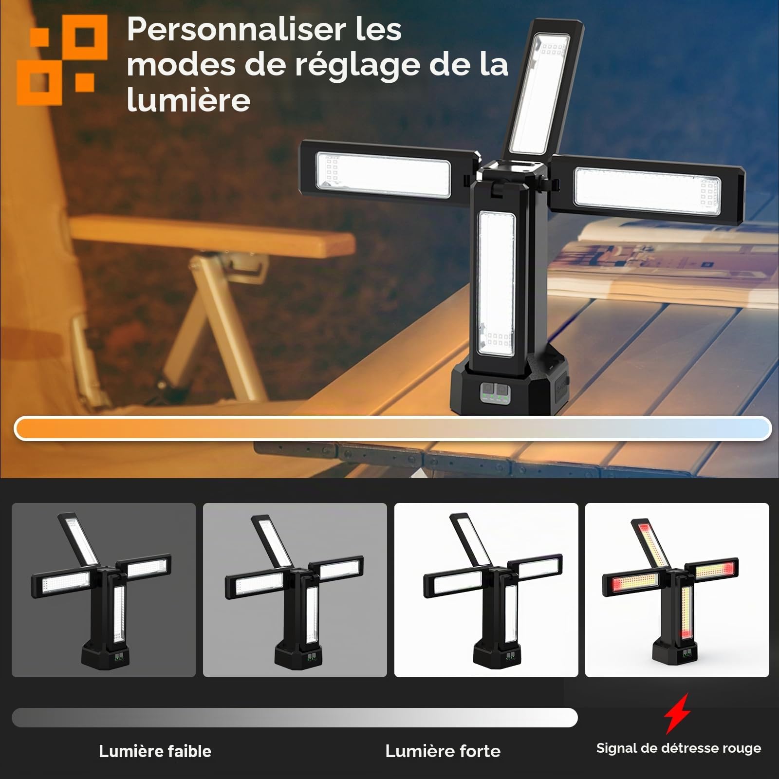 Projecteur LED Chantier Solaire Rechargeable 13200 mAh avec Trépied et Sac de Transport, Lampe de Chantier à Intensité Variable en Continu 8000 Lumens, Blanc/Chaud/Naturel (SOS) (avec télécommande)