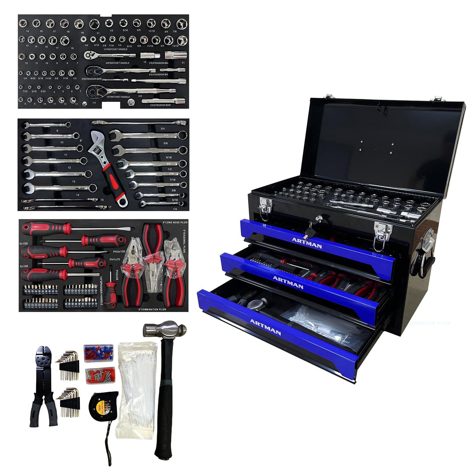 S.Walt 439-Piece Mechanic Tool Set in Heavy-Duty 3-Drawer Steel Box with 4-Tier Socket, Wrenches & Pliers. Portable Household Tool Kit Organizer Case
