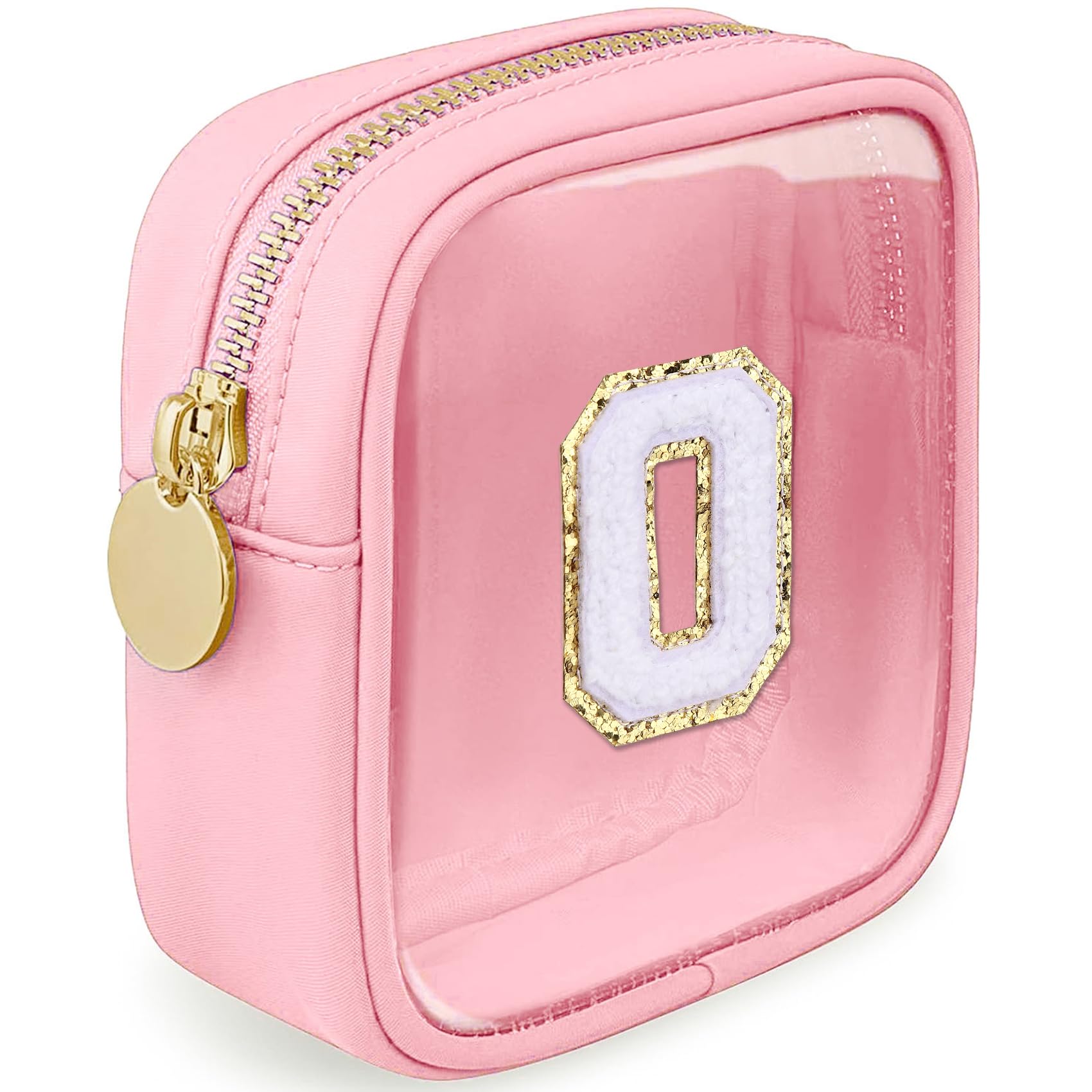 LOFOWN Initial Clear Makeup Bag Small Cosmetic Bag Travel Toiletry Bag Clear Zipper Pouch Purse Organizer Bags for Women (Pink, O)