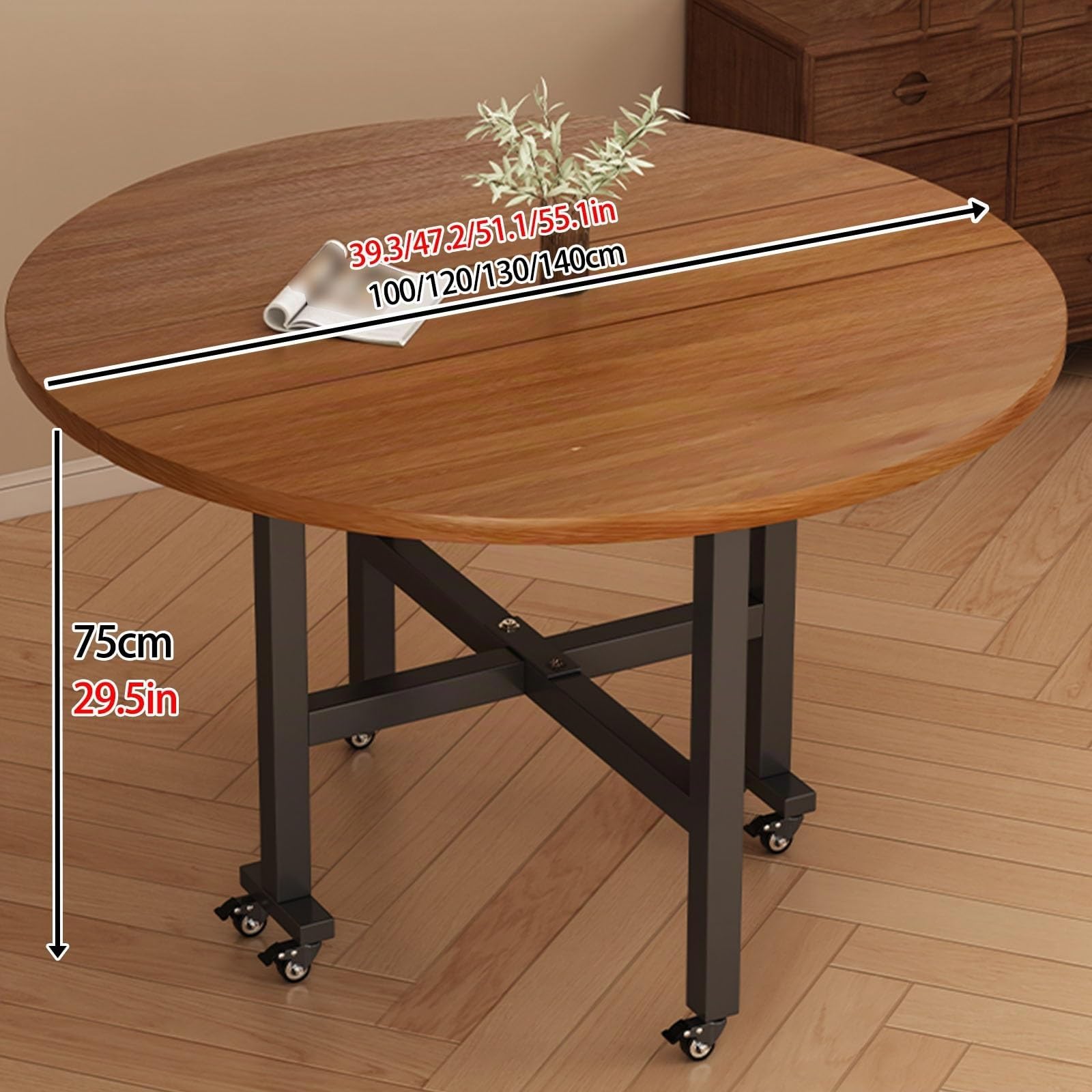 Mesa de Comedor Plegable for Uso doméstico, Mesa de Cocina Extensible con alas abatibles, Mesa de Cocina Redonda Plegable y portátil con 6 Ruedas(Brown,100cm)