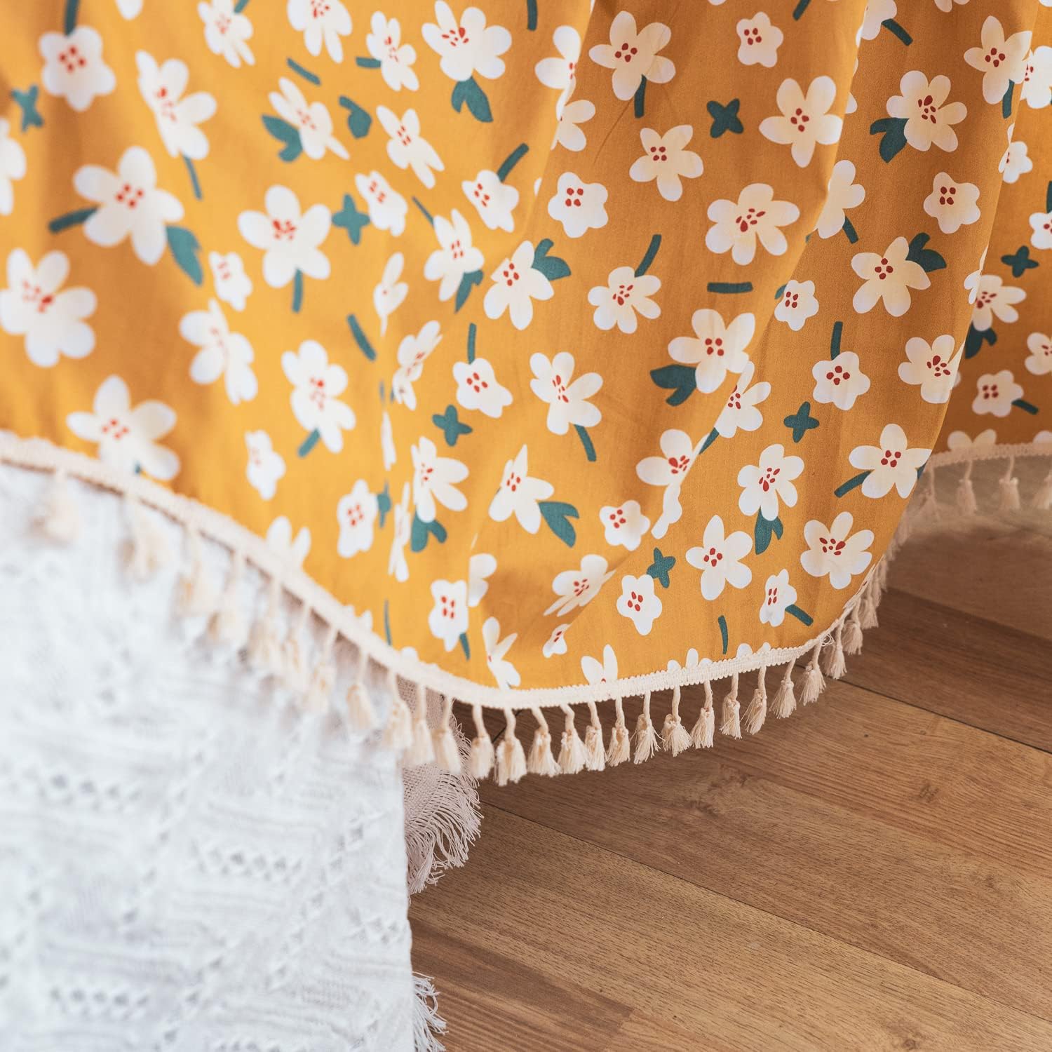 Deeprove Boho Curtain 63 Inch Length, Farmhouse Yellow Florals Print, Cotton Linen Handmade Tassel Rod Pocket Semi Blackout Rustic Bohemian Country Window Treatment for Bedroom 1 Panel, 55''W x 63''L