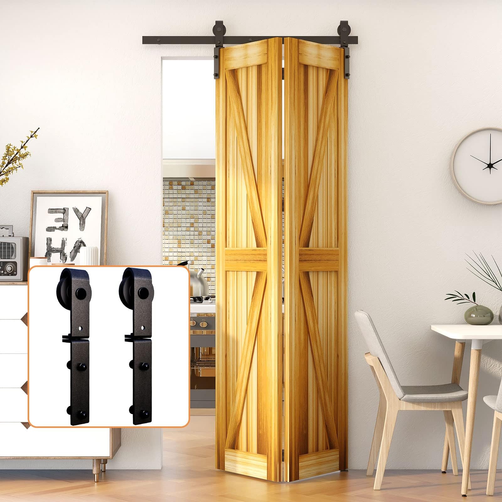 100CM/3.3FT Bi-Folding Sliding Barn Door Hardware,Heavy Duty Roller Track Kit，Silent and Easy to Install for 2 Doors Hardware Kit,No Door Panel,Applicable to Door Openings 70-80CM Black