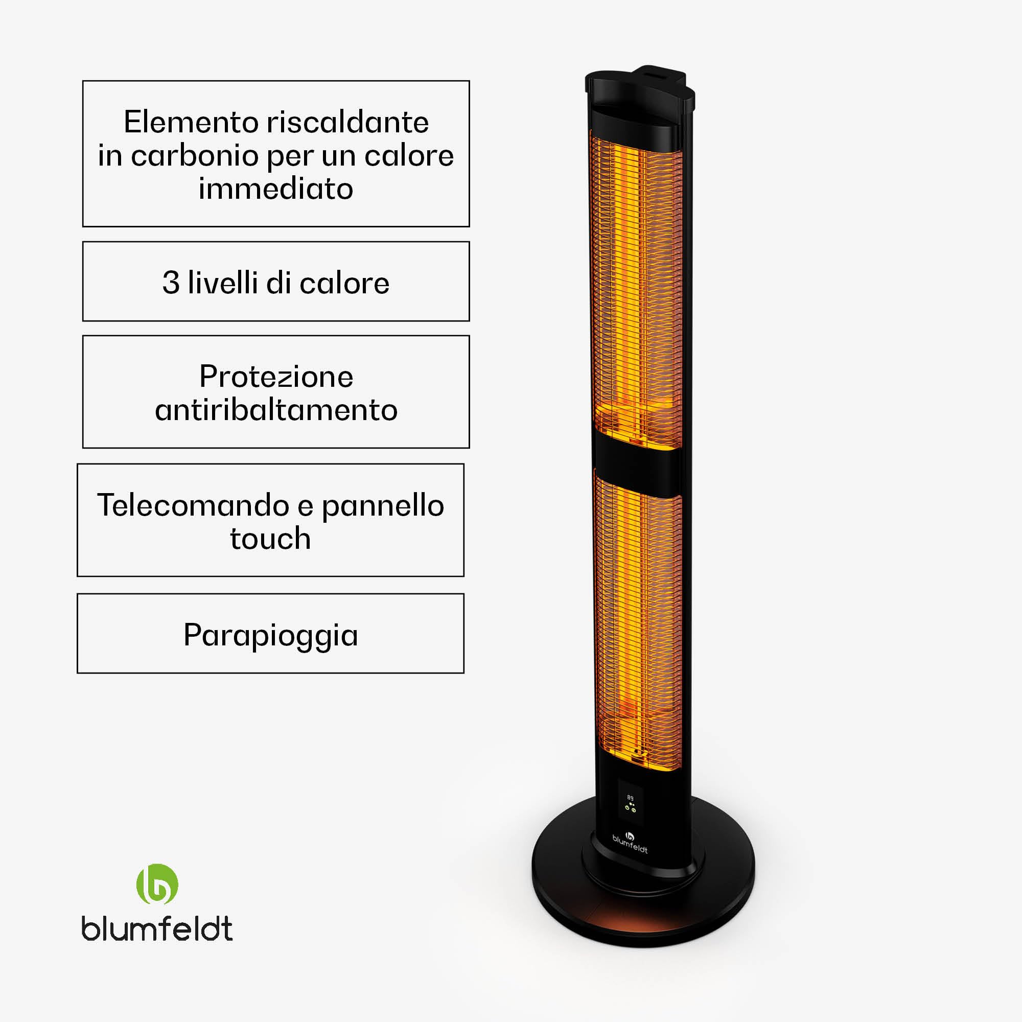 blumfeldt BlazeTower Riscaldamento a Infrarossi - 3000W, 3 Impostazioni di Calore, IP45, Protezione Antiribaltamento, Telecomando & Timer 24 Ore - Stufa da Esterno per Balcone & Giardino
