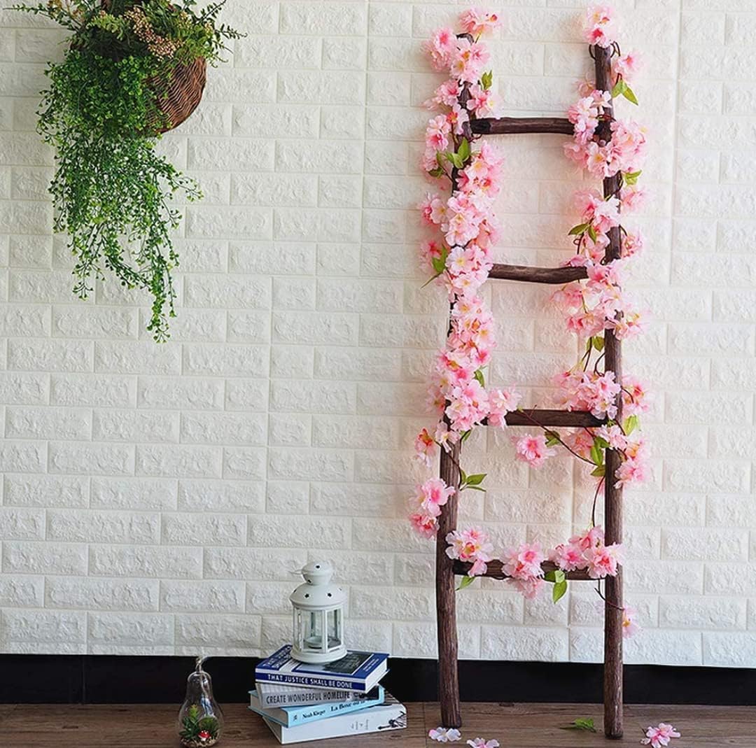 Artificial Cherry Blossom Garland, Pink Silk Flowers with Green Leaves, Wedding Party Home Decor, Staircase Railing Decoration