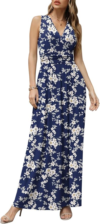 CATHY Women's Casual Sleeveless Deep V-Neck Long Dress Beach Waist Maxi Dresses with Pockets