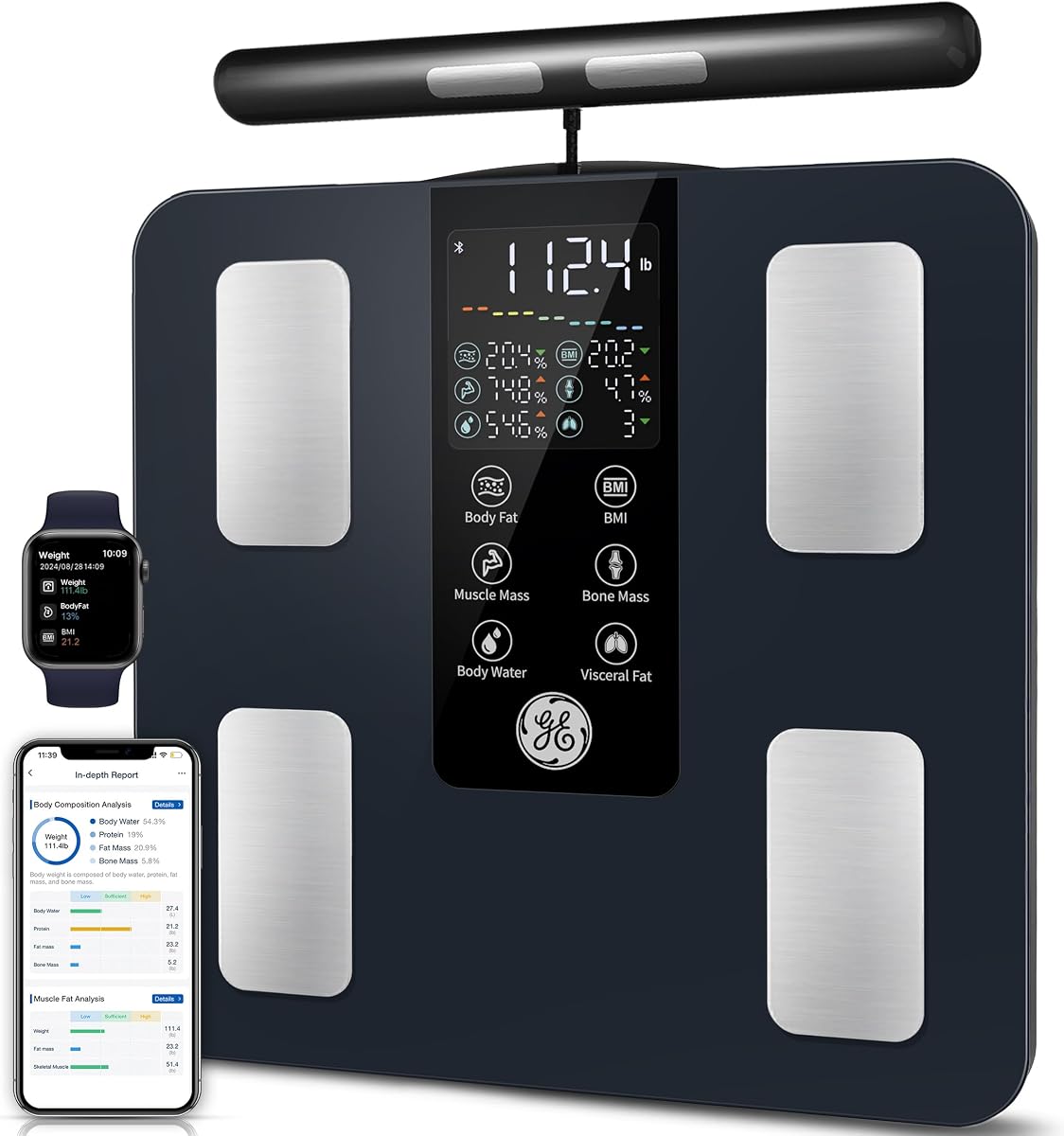 GE Smart Scale for Body Weight: Full Body Composition Analyzer, 50+ Metrics | 8-Electrode Digital Bathroom Scale for Body Weight Fat BMI Muscle Mass Bluetooth, Accurate Weighing Machine 400lb