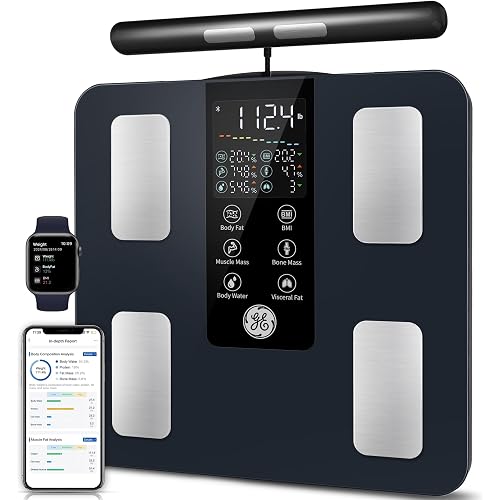 GE Smart Scale for Body Weight: 8-Electrode Digital Bathroom Scale for Weight Fat BMI Muscle Mass Full Body Composition Analyzer 50 Measurements Bluetooth Highly Accurate Weighing Machine 400lb Black