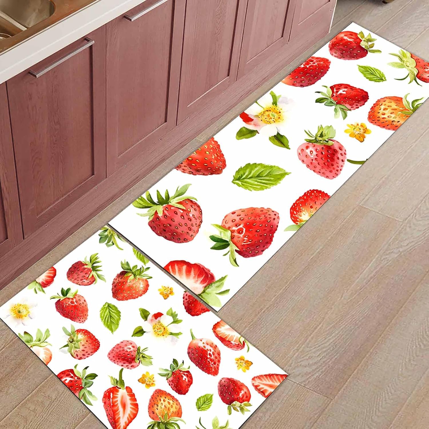 2 Pieces Kitchen Rugs and Mats,Summer Watercolor Strawberry Flower Area Runner Rug Set Non Slip Floor Doormat Washable Carpet Standing Mat for Kitchen Sink Indoor Corridor,Rustic Pastoral Fruit Art
