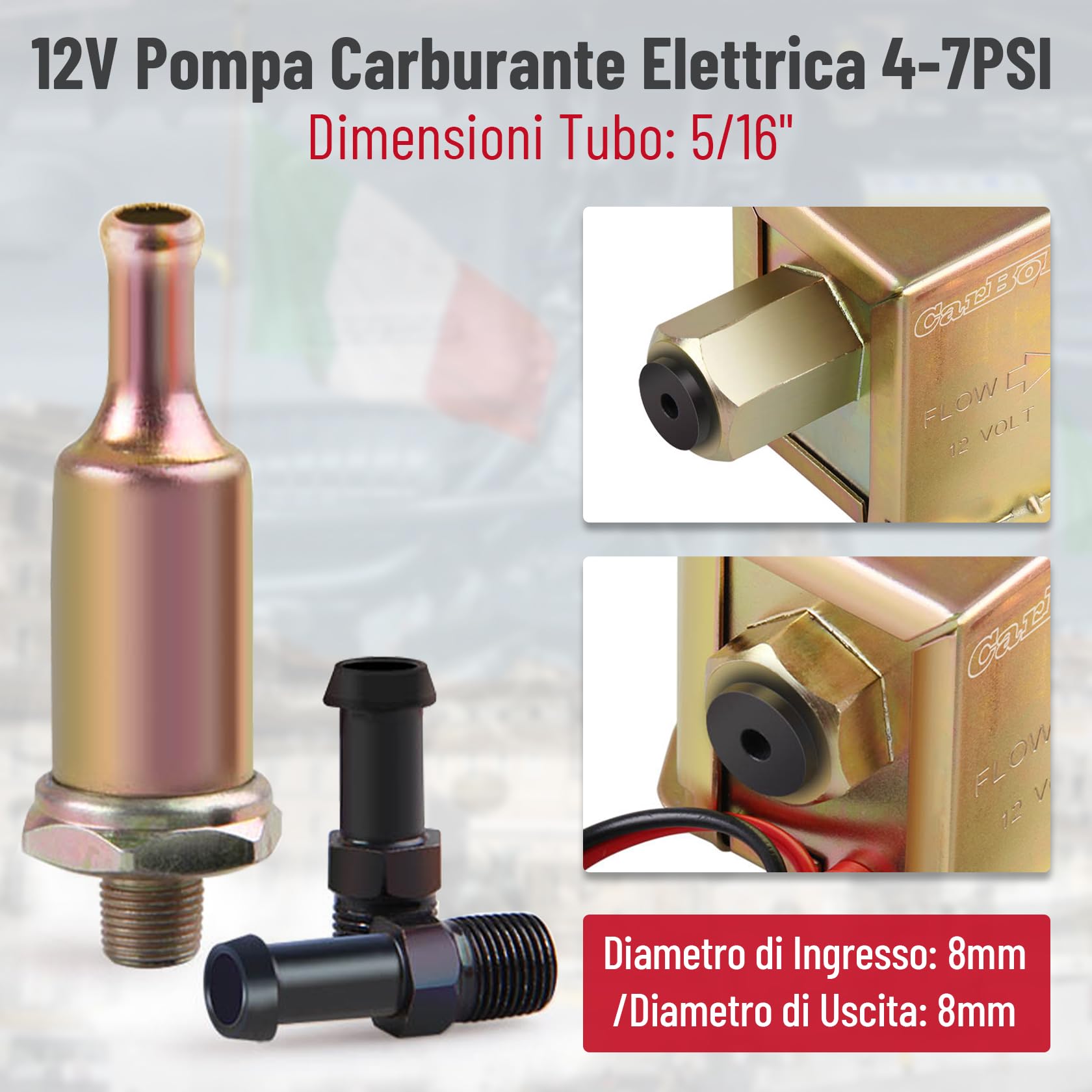 Pompa carburante elettrica a bassa pressione da 12 Volt, Carbole 4-7 PSI, pompa in linea per diesel e benzina universale, in metallo HEP-02A per carburatore, auto, furgoni, camion