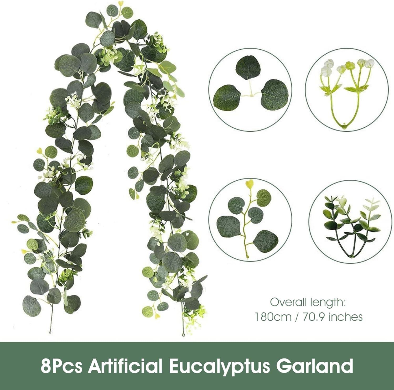 8Pcs Silver Dollar Eucalyptus Garland, 5.9ft Artificial Eucalyptus Garland Spring Artificial Vines for Home Mantle Party Decor