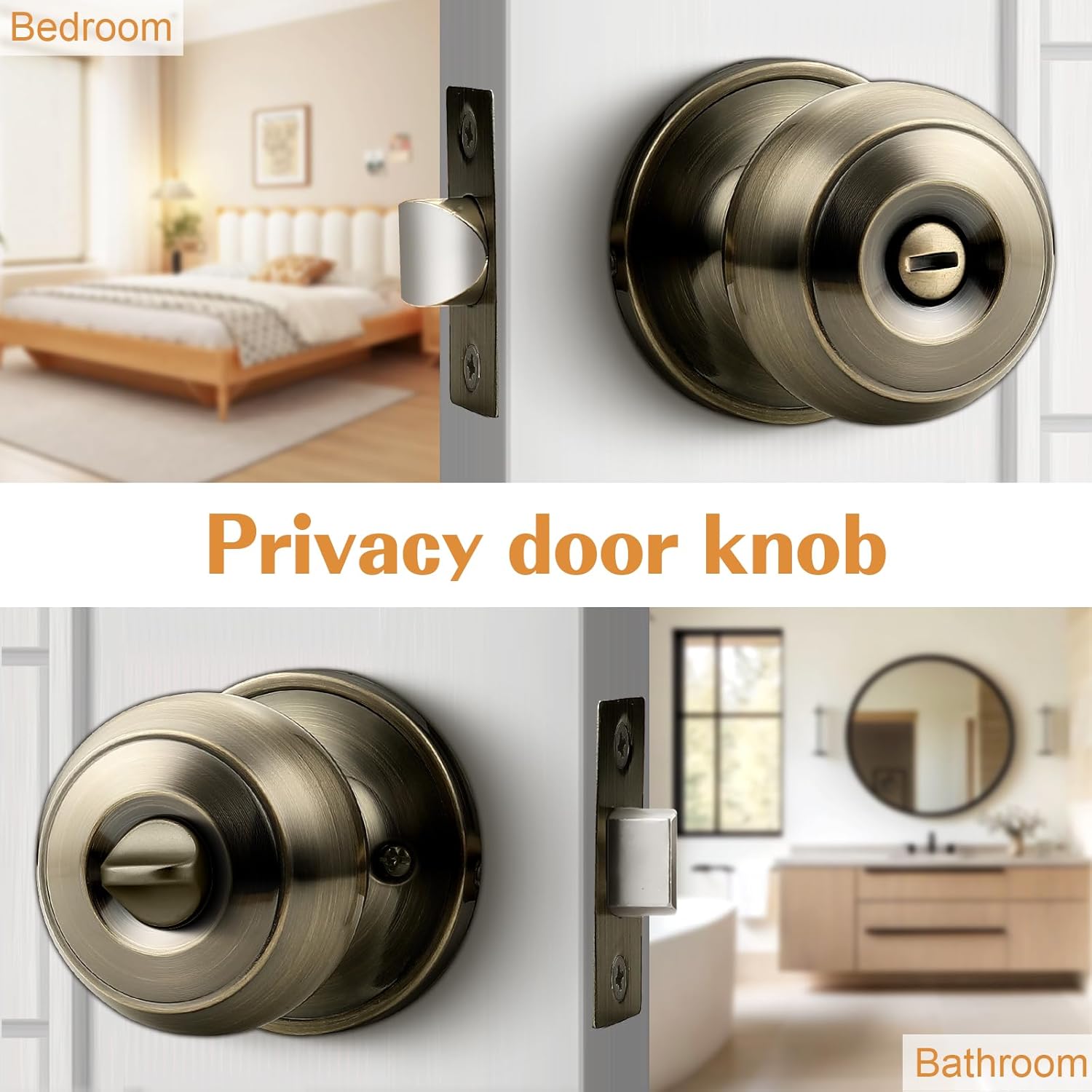 Probrico Bed/Bath Keyless Privacy Interior Door Knobs, Antique Brass Door Knobs 6 Pack