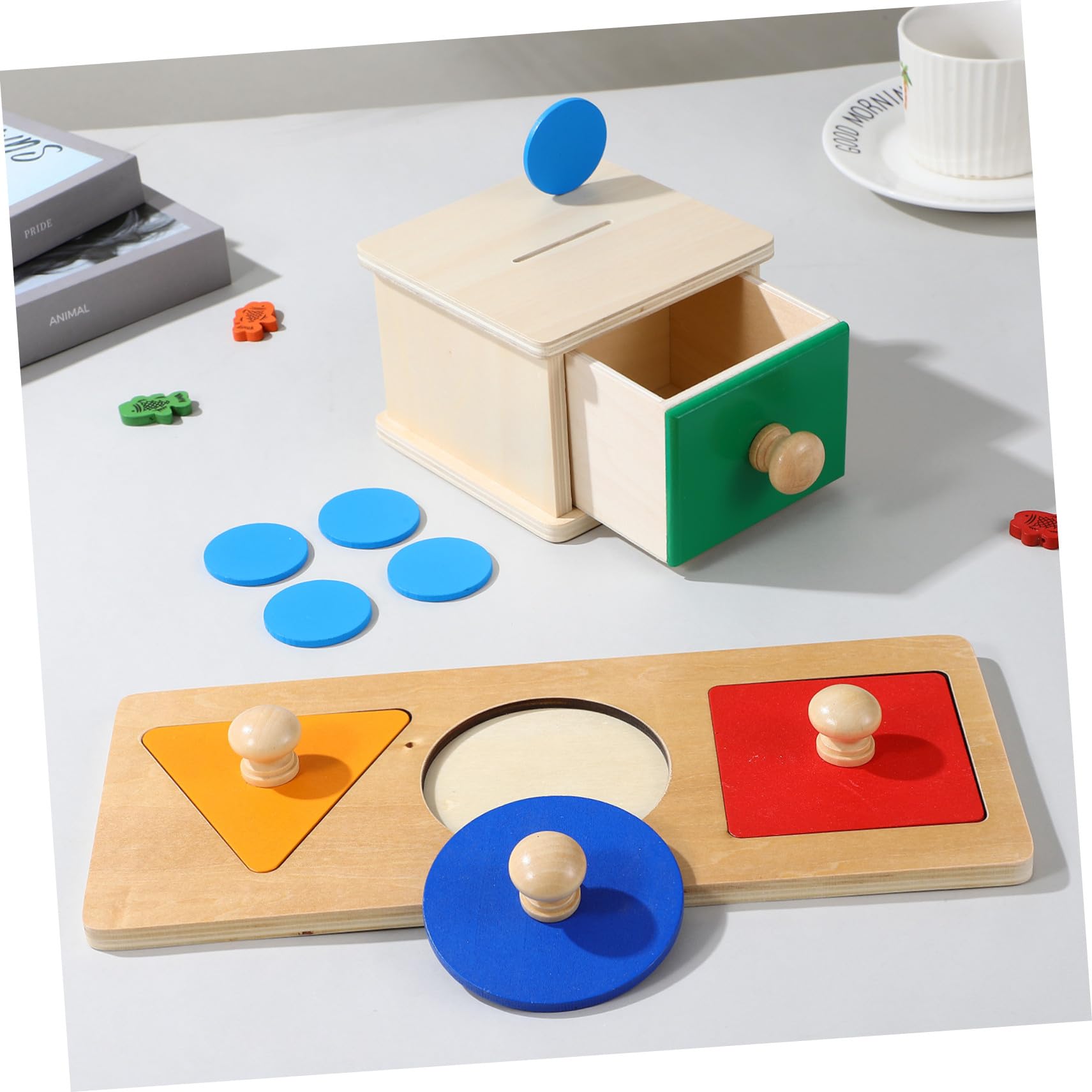 Hemobllo 2juego Panel De Caja De Monedas Rompecabezas Geométricos con Caja De Madera para Monedas Juguetes Educativos Primera Infancia Bloques Geométricos Juguetes De Madera para Bebés
