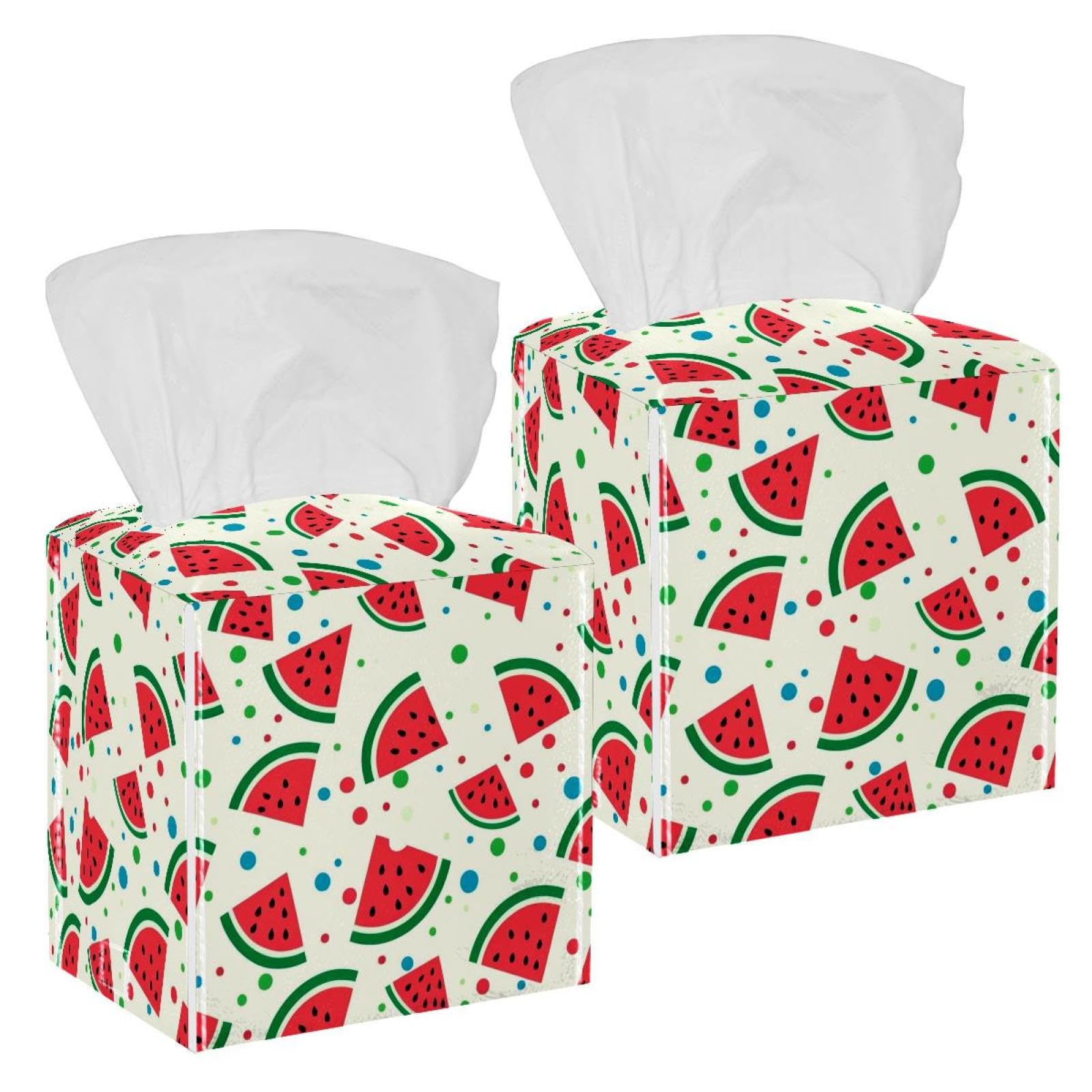 Watermelon Tissue Box Cover, 2 Pack PU Leather Square Facial Tissue Dispenser Box holder for Home Office Car