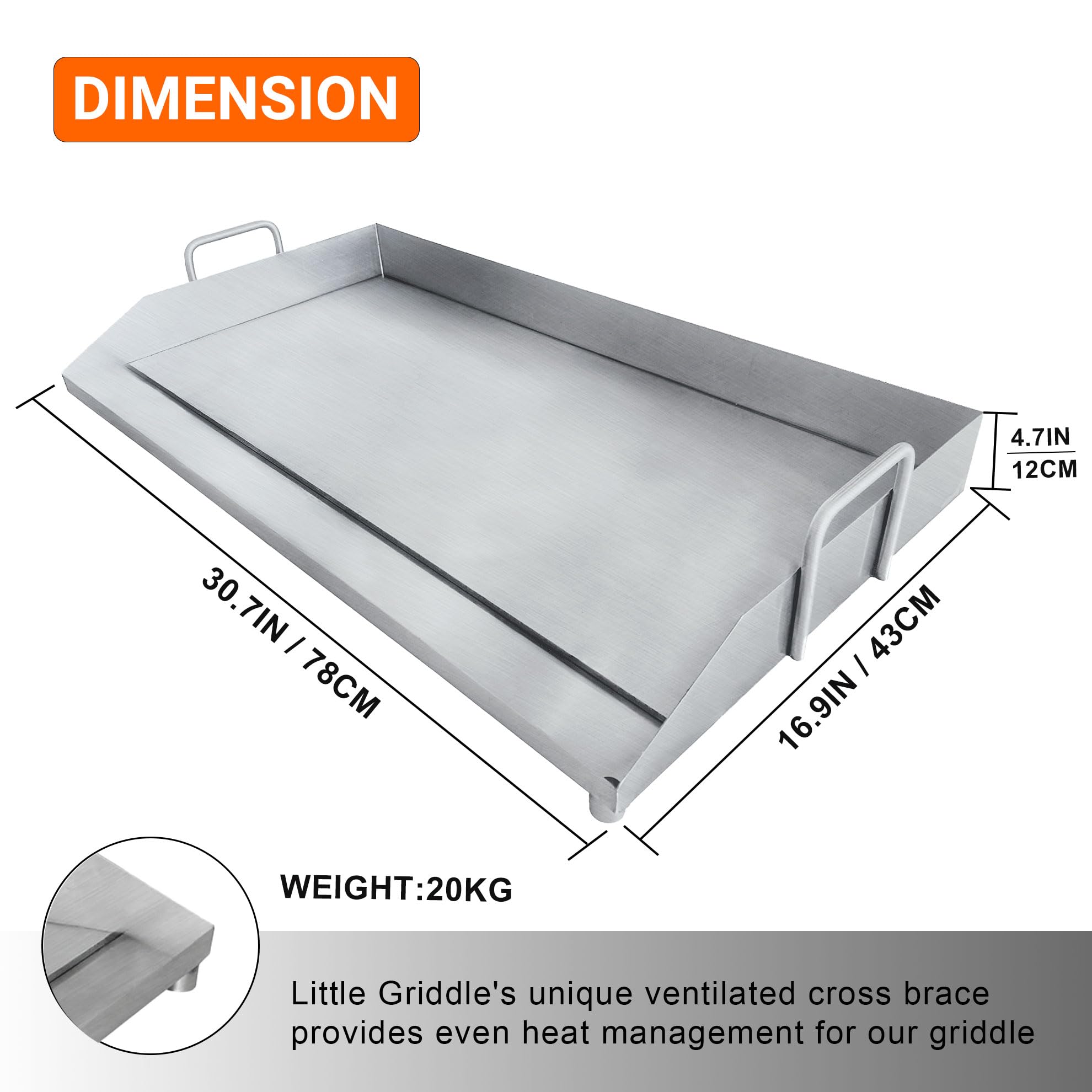 Vivicreate Stainless Steel Outdoor Griddle for Gas & Charcoal Grills, 38 lbs Flat Top Grill Plate with Grease Groove & Handles, Extra-Large BBQ Insert for Garden, Patio & Camping 31”x17”