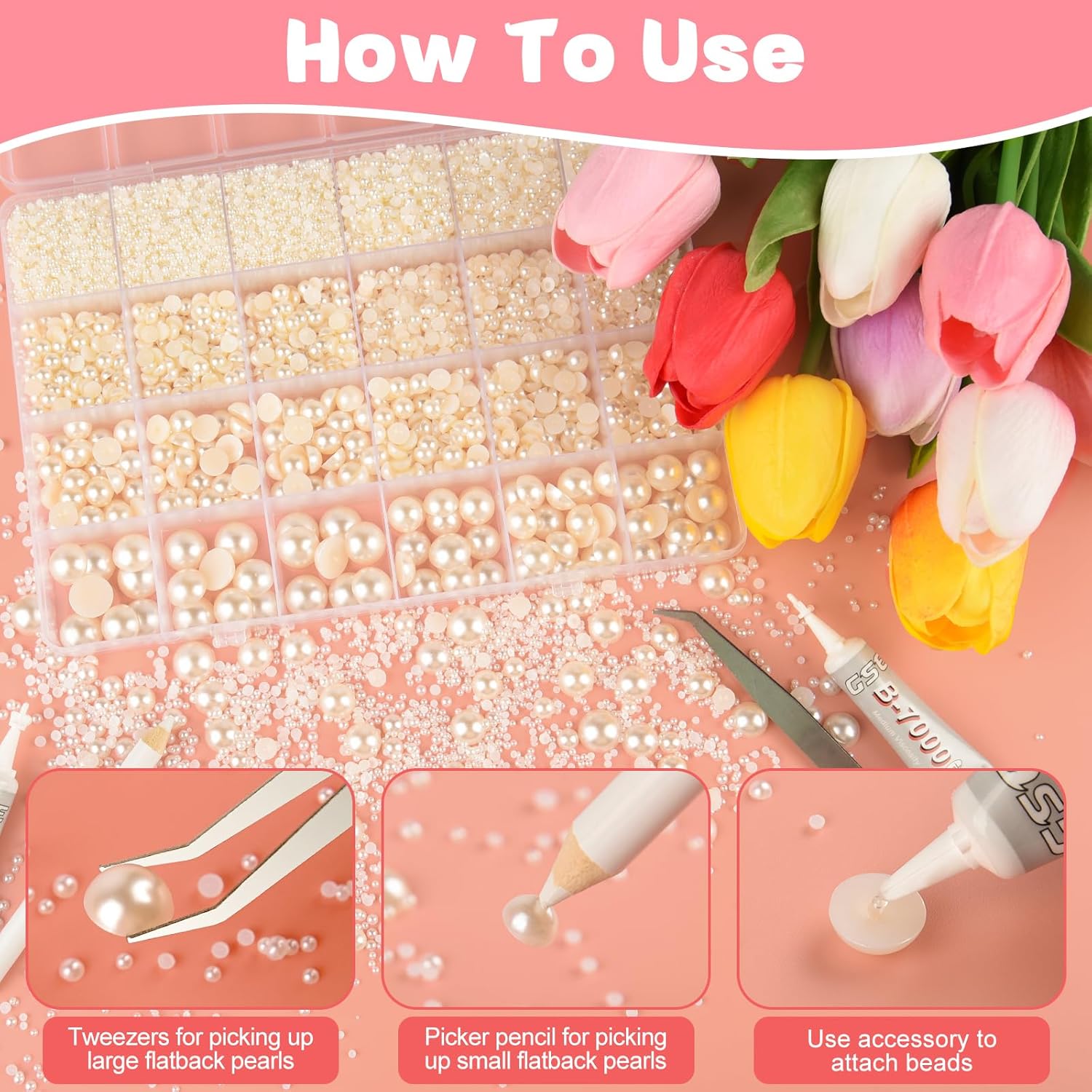 NEBURORA 13000 Pcs Ivory White Flat Back Pearl Kit 8 Sizes with Tweezer and Picker Pencil Beige Half Round Flatback Pearls Beads for DIY Crafts Nails Makeup Clothes - Image 3